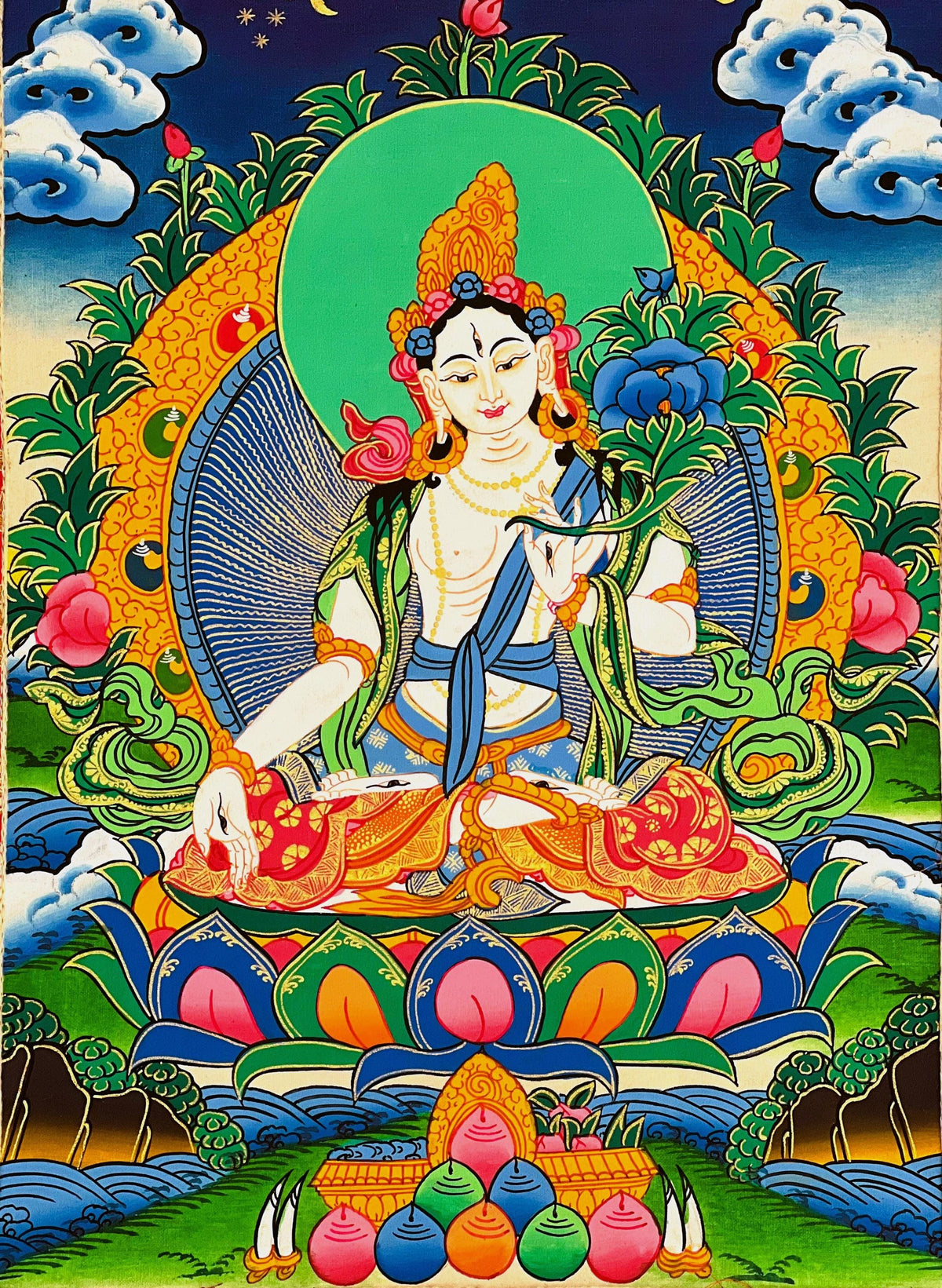 White Tara Thangka Painting, Hand-Painted Buddhist Art with Silk Brocade