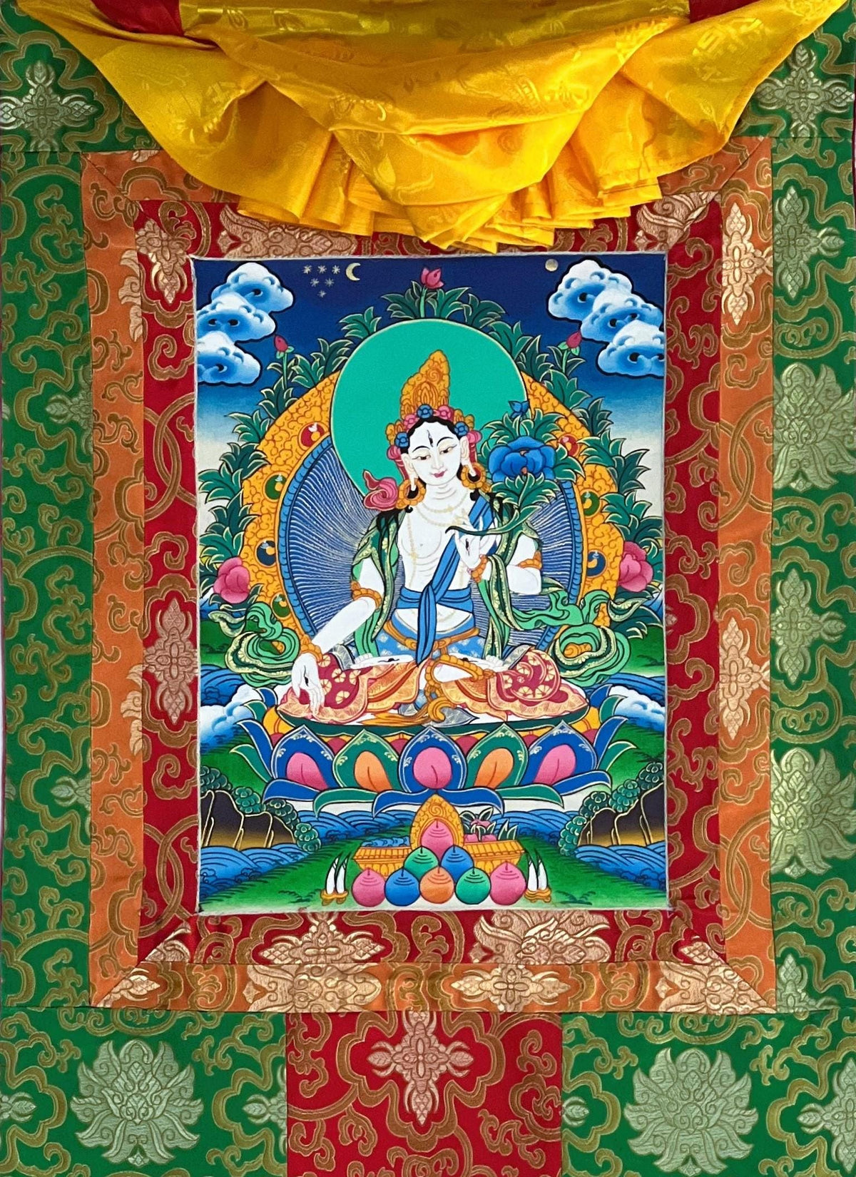 White Tara Thangka Painting, Hand-Painted Buddhist Art with Silk Brocade