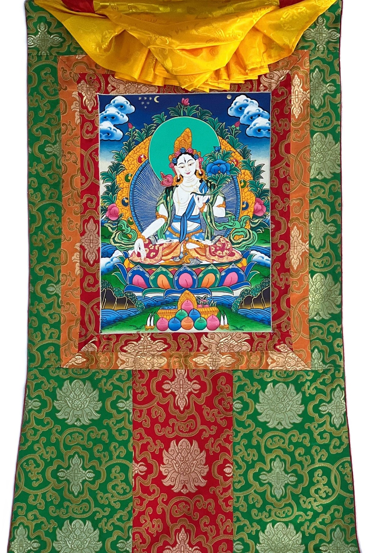White Tara Thangka Painting, Hand-Painted Buddhist Art with Silk Brocade