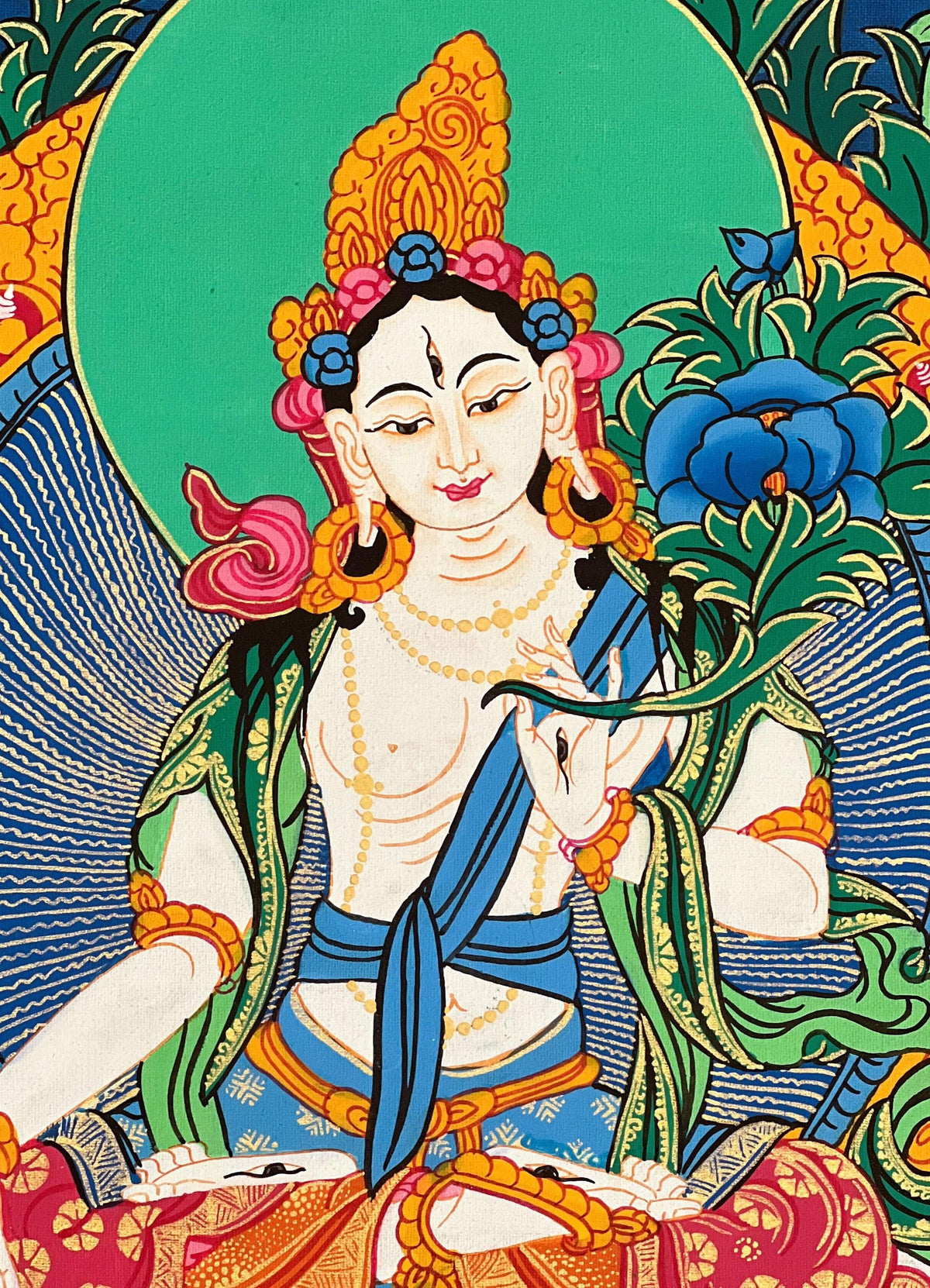 White Tara Thangka Painting, Hand-Painted Buddhist Art with Silk Brocade