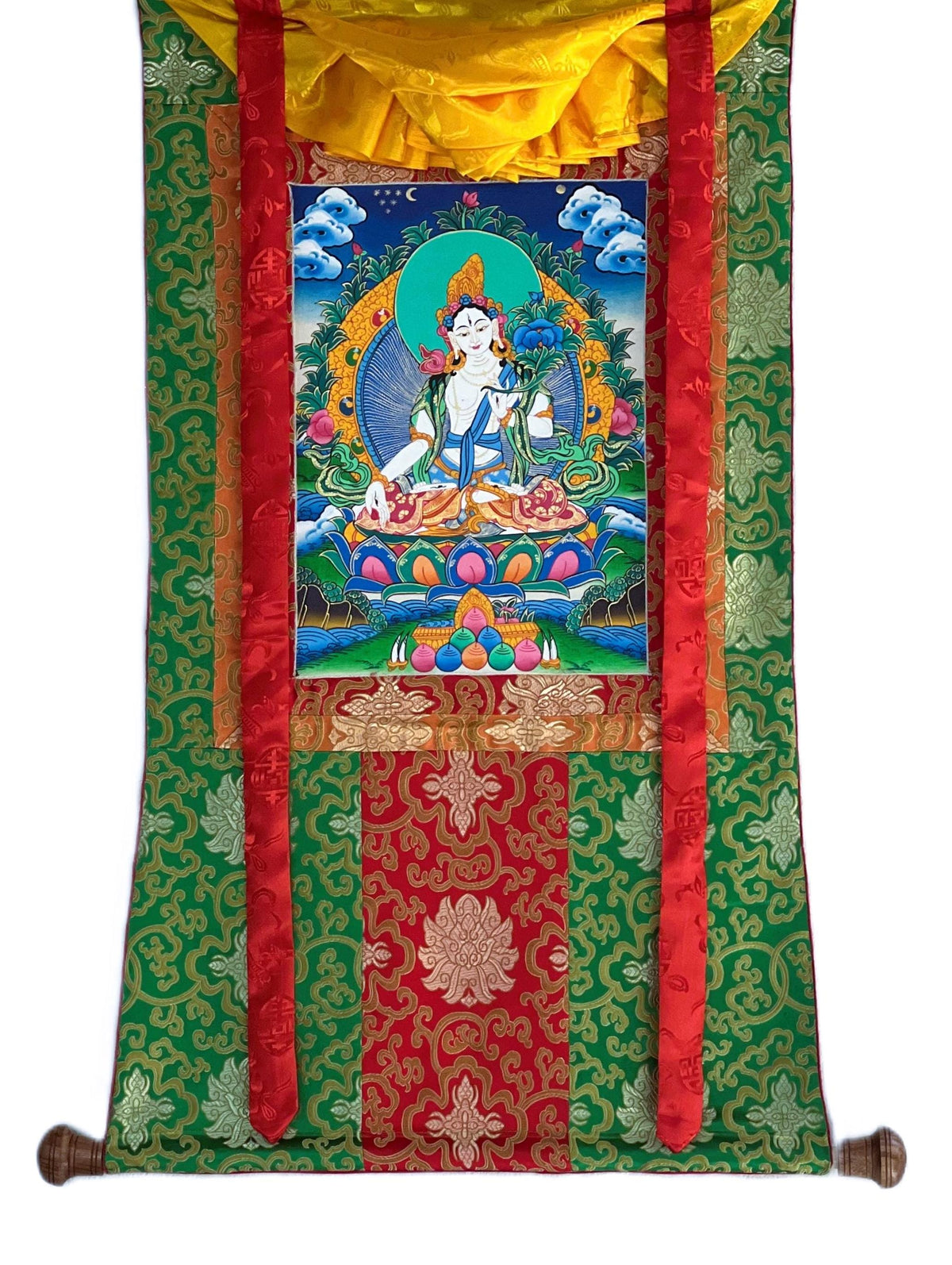 White Tara Thangka Painting, Hand-Painted Buddhist Art with Silk Brocade