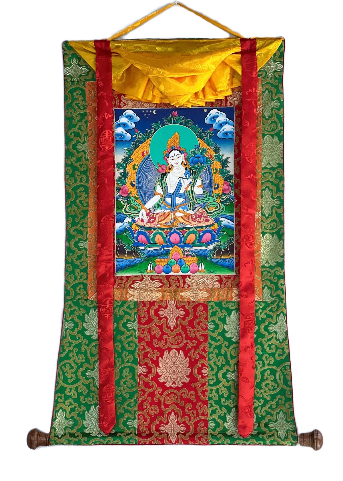White Tara Thangka Painting, Hand-Painted Buddhist Art with Silk Brocade
