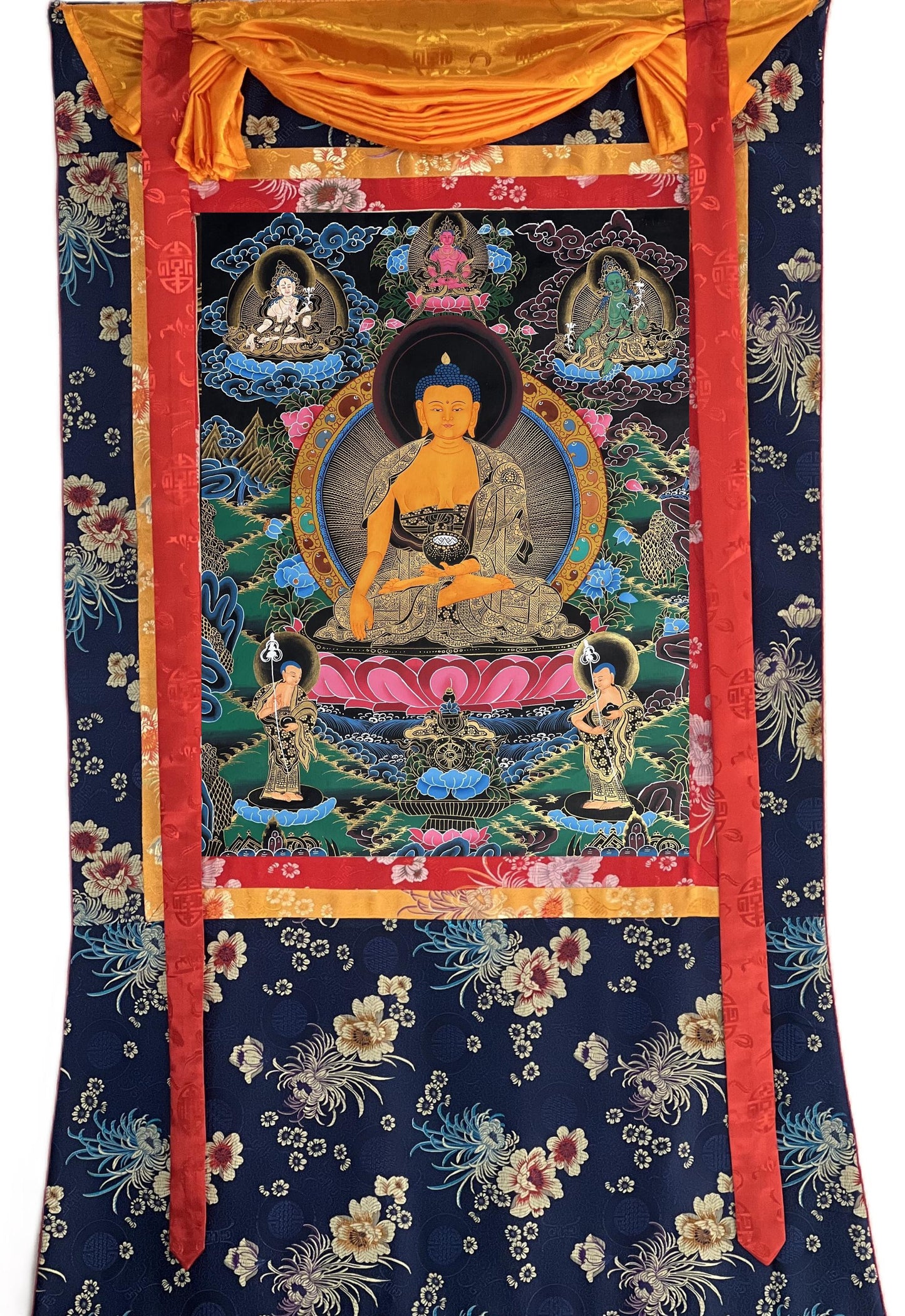 Hand-Painted Shakyamuni Buddha Thangka | Silk Brocade Framed Art