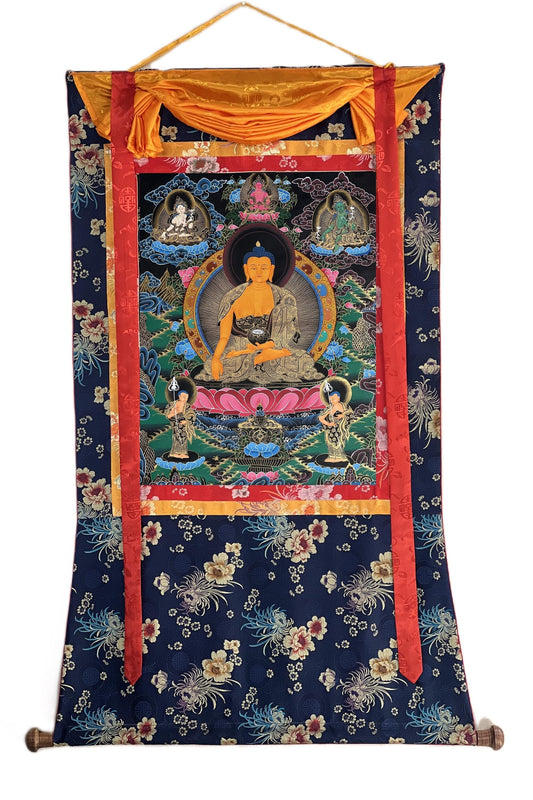 Hand-Painted Shakyamuni Buddha Thangka | Silk Brocade Framed Art