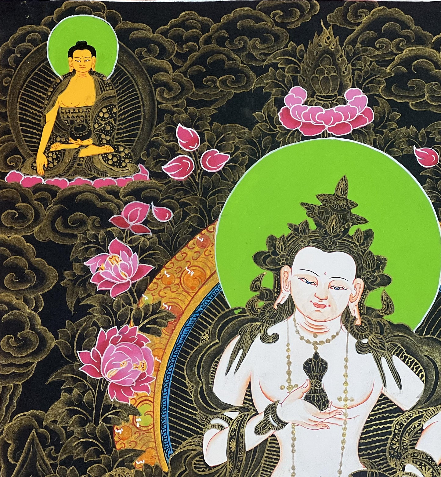 Hand-Painted White Manjushri Thangka with Silk Brocade