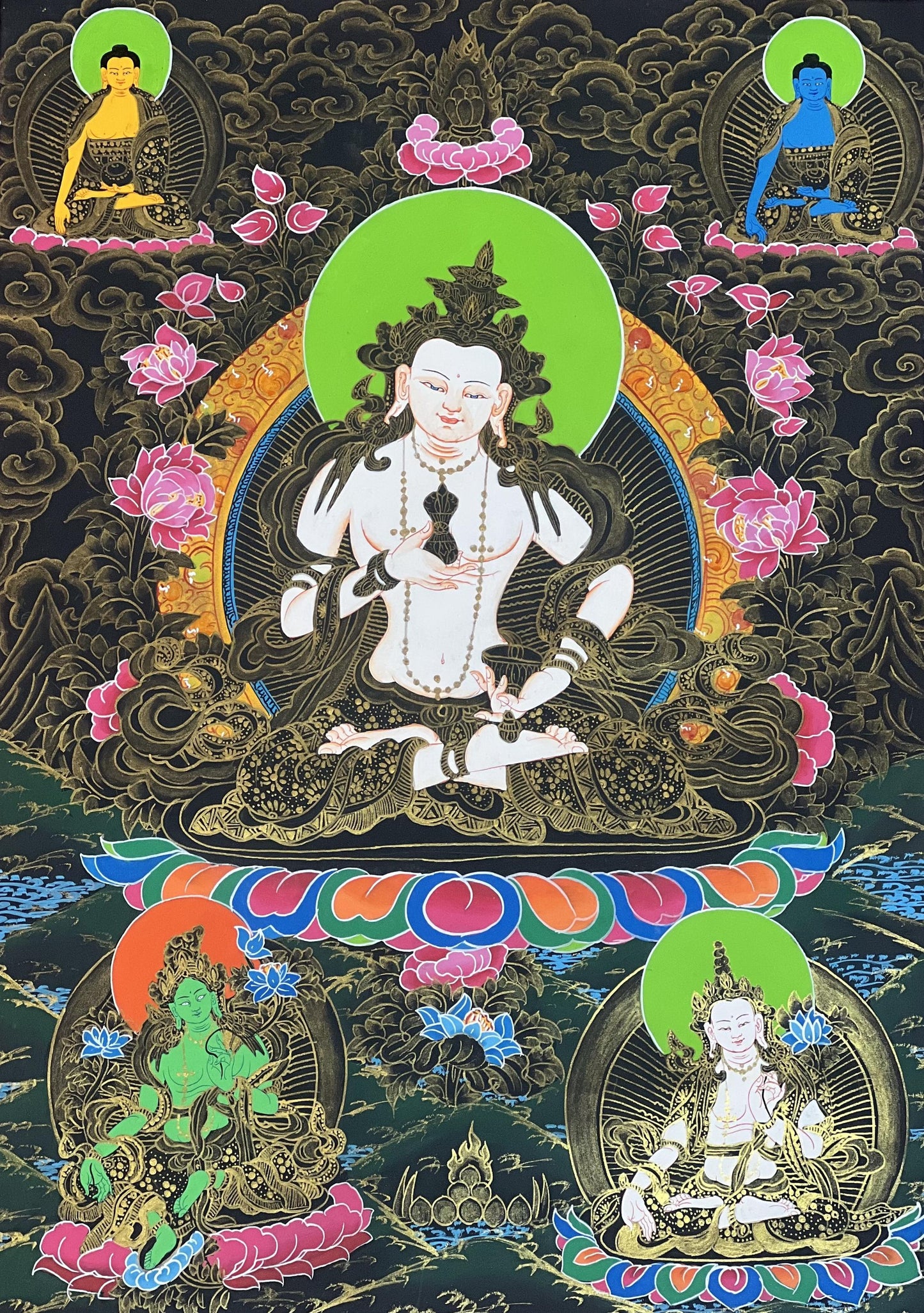 Hand-Painted White Manjushri Thangka with Silk Brocade