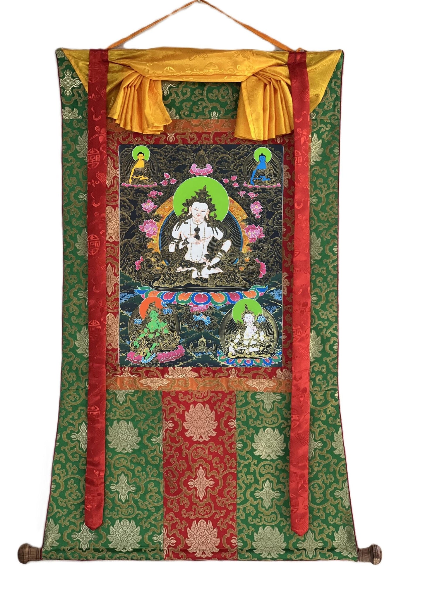 Hand-Painted White Manjushri Thangka with Silk Brocade