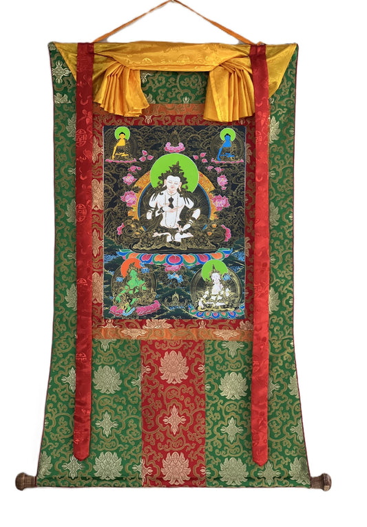Hand-Painted White Manjushri Thangka with Silk Brocade