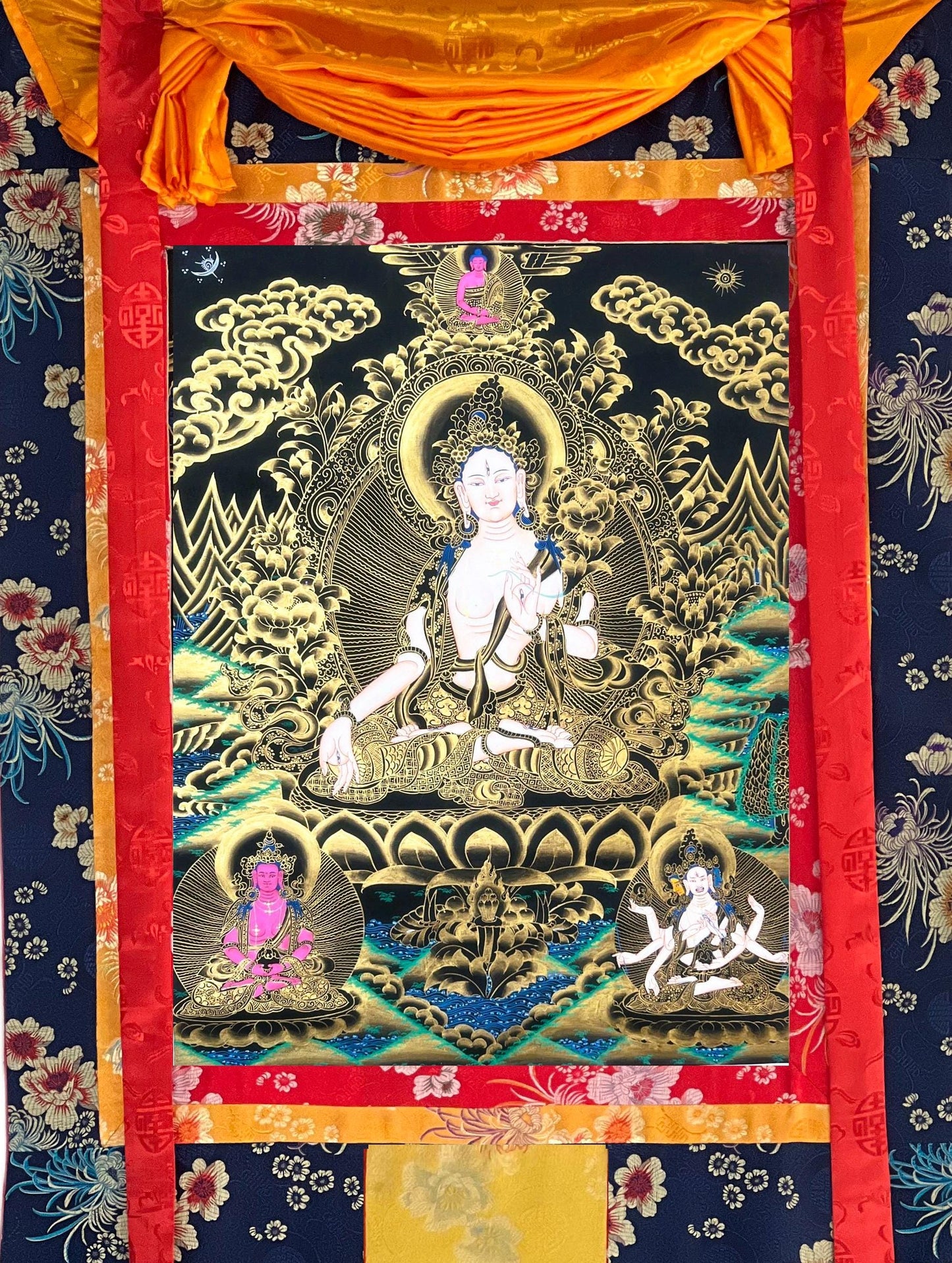 Hand-Painted White Tara Thangka: Mother Goddess, Silk Brocade