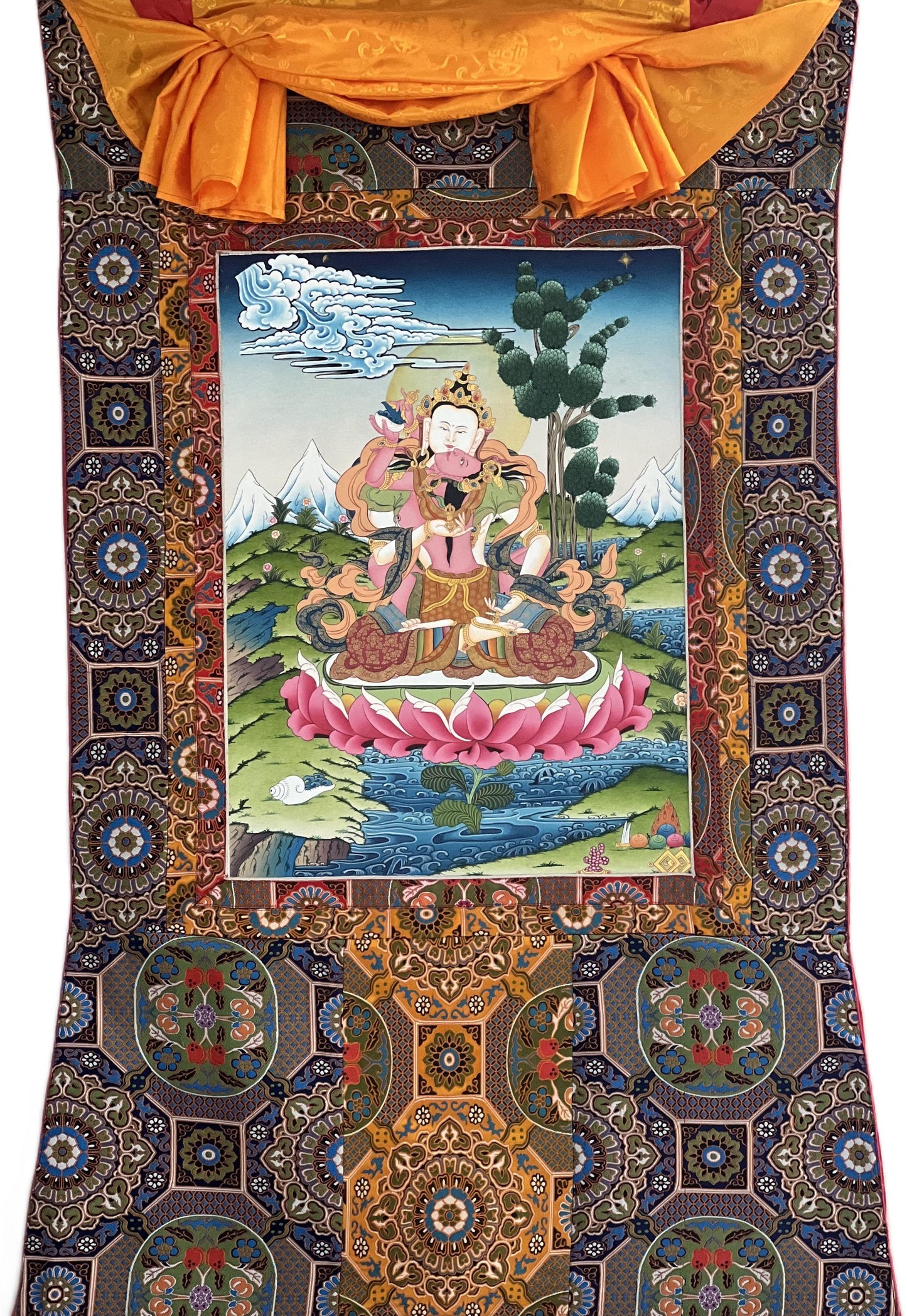 Hand-Painted Vajrasattva Thangka |  Khadi Silk Brocade Mount