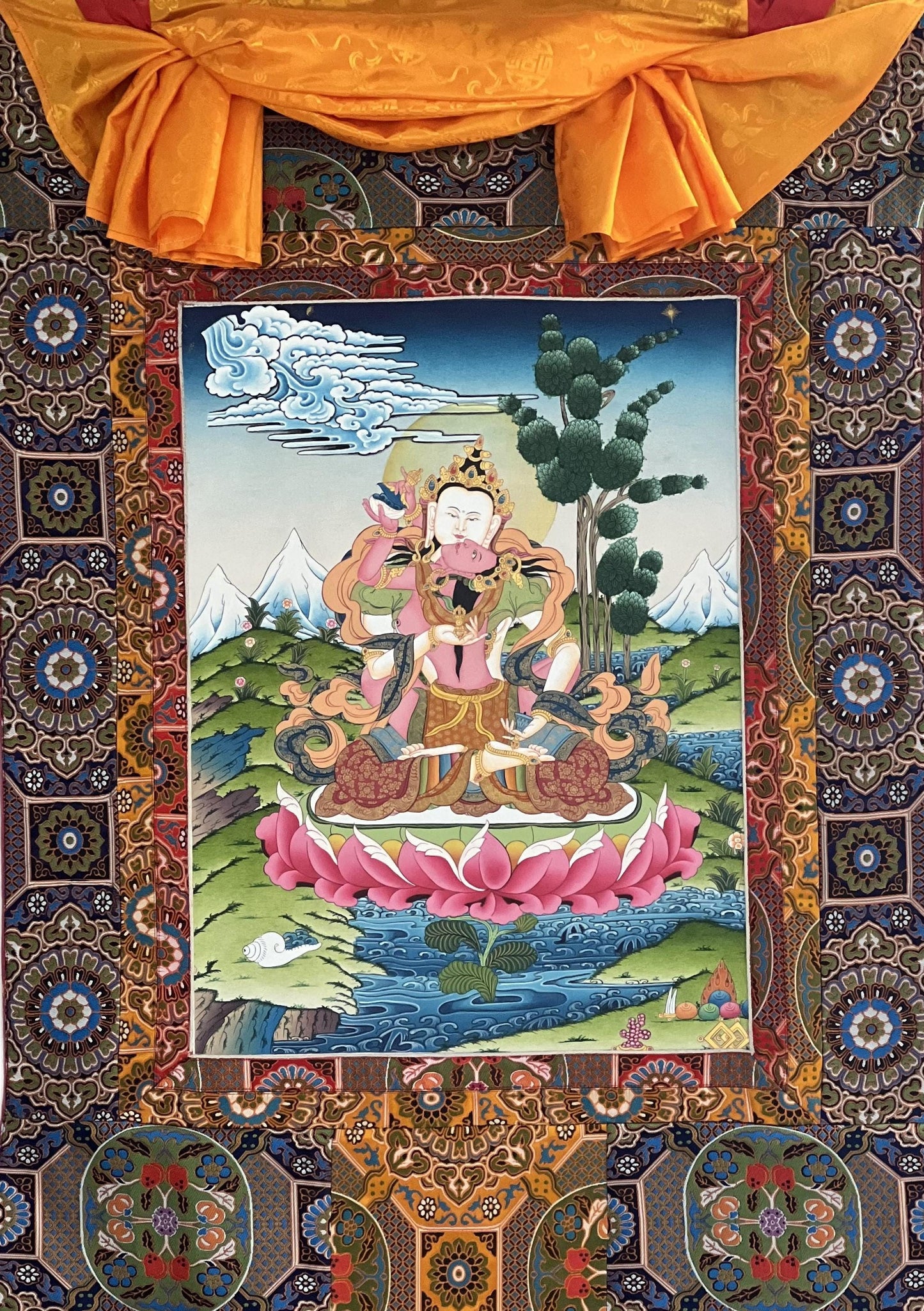 Hand-Painted Vajrasattva Thangka |  Khadi Silk Brocade Mount