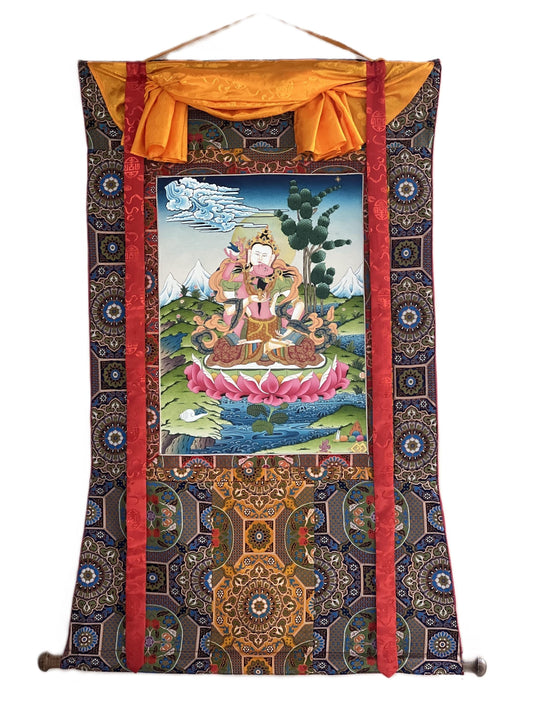 Hand-Painted Vajrasattva Thangka |  Khadi Silk Brocade Mount