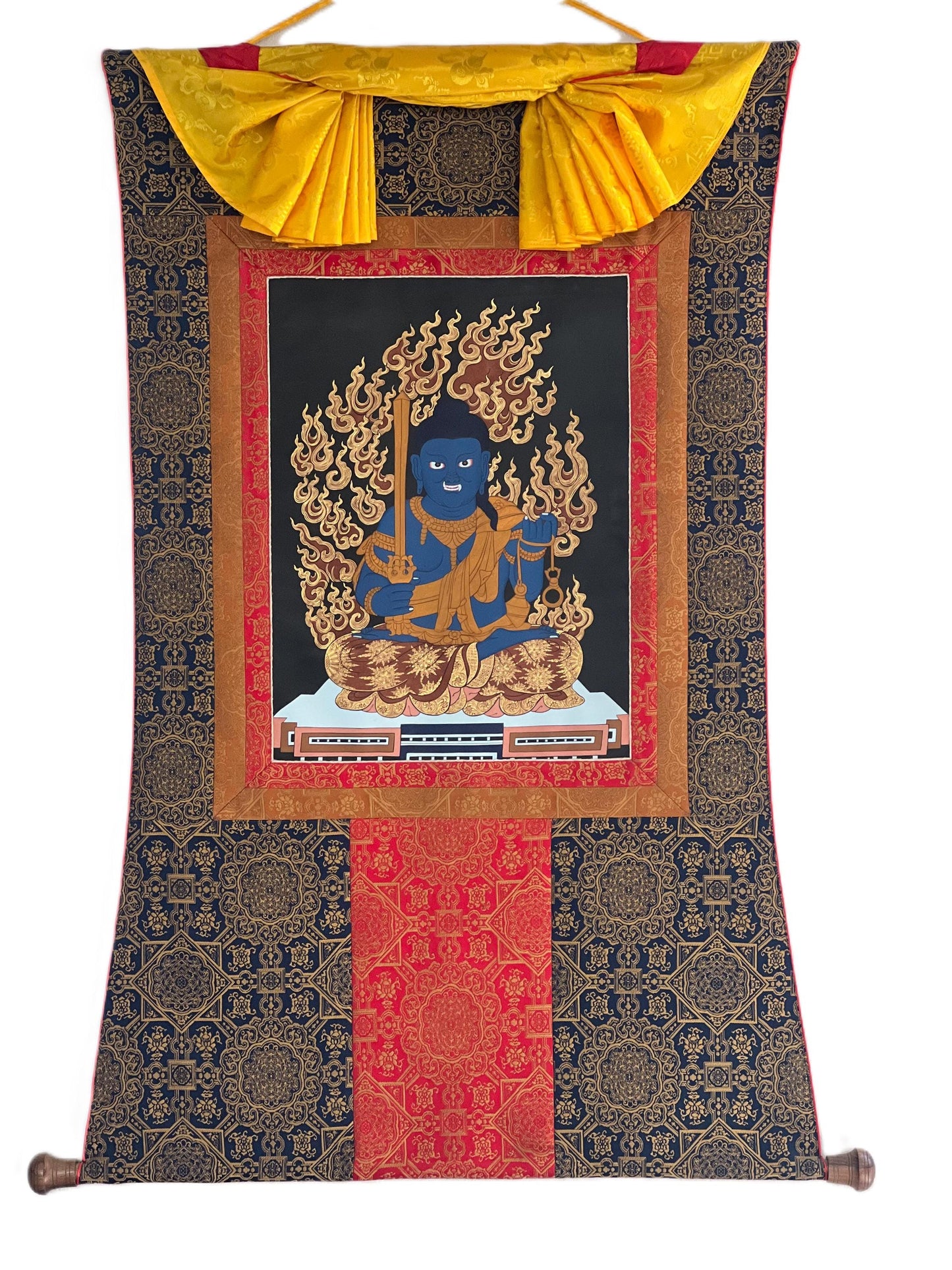 Hand-Painted Fudo Myo-o Thangka Painting with Silk Brocade