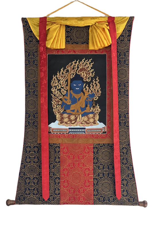 Hand-Painted Fudo Myo-o Thangka Painting with Silk Brocade