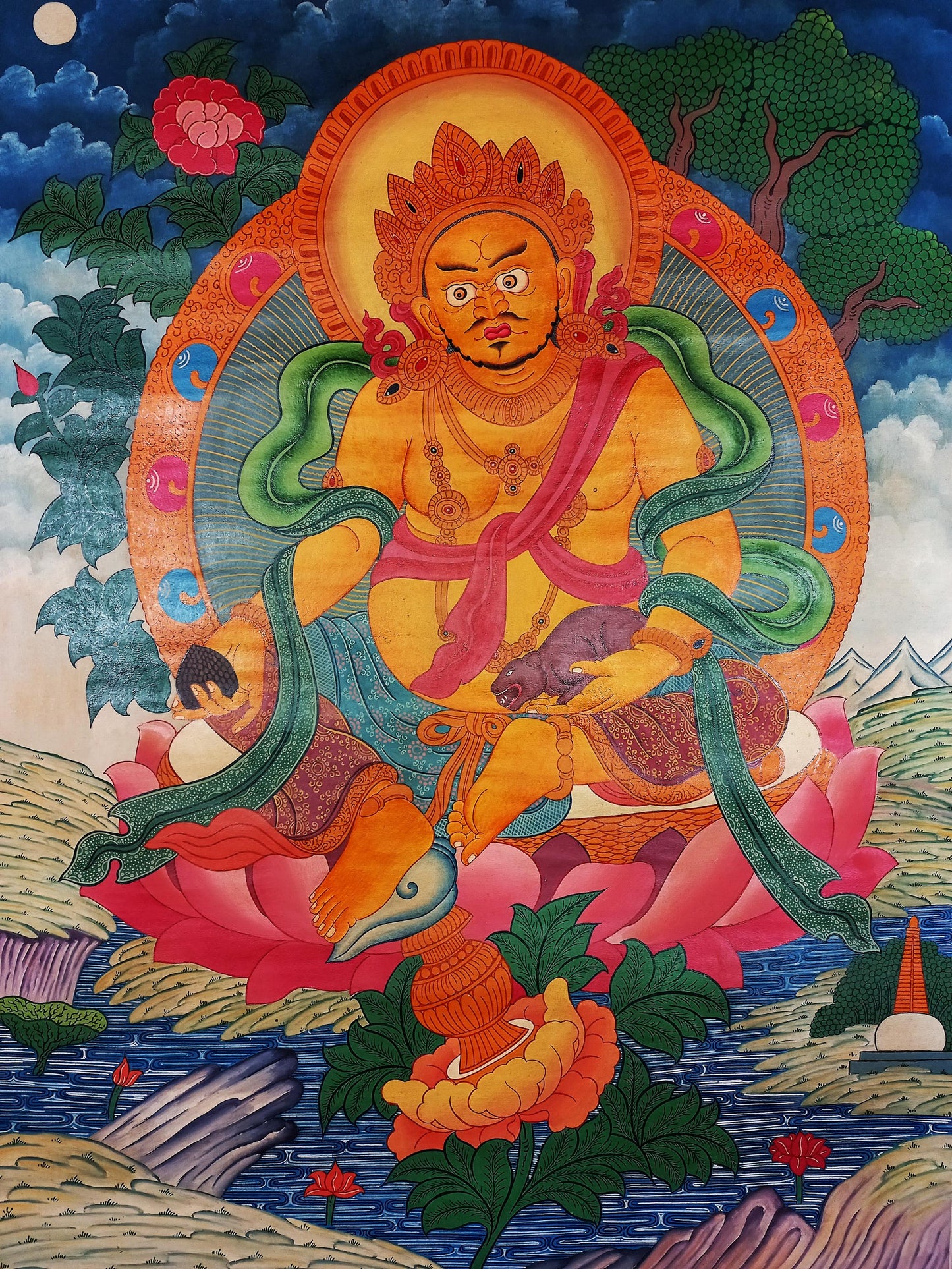 Hand-Painted Kubera Jambhala Thangka, Newari Style Wealth God Art (18x24 inch)