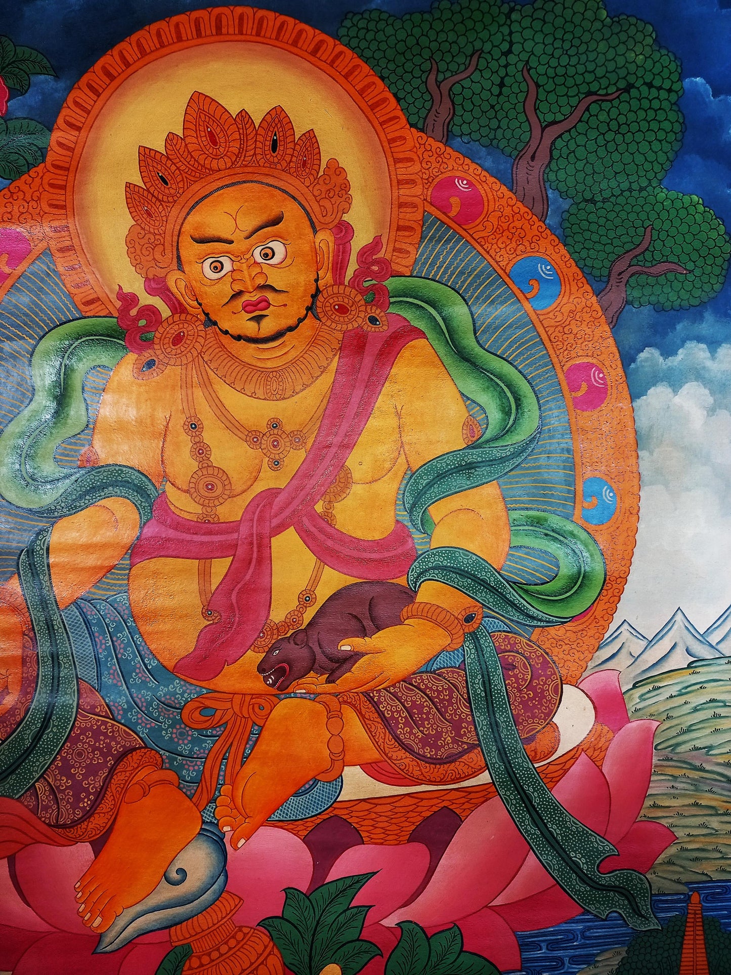 Hand-Painted Kubera Jambhala Thangka, Newari Style Wealth God Art (18x24 inch)