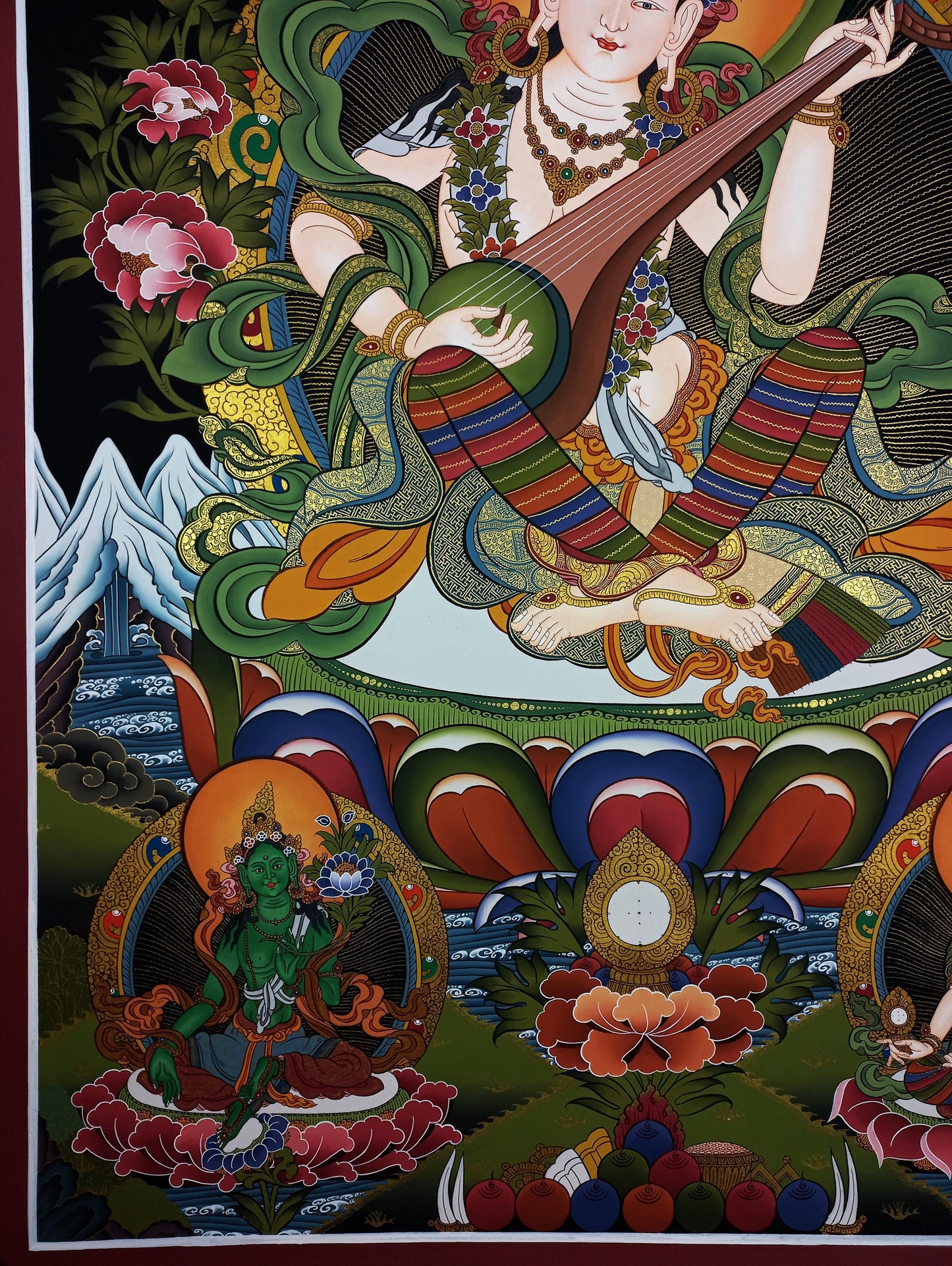 Hand-Painted Saraswati Thangka Painting, 24K Gold, Nepal