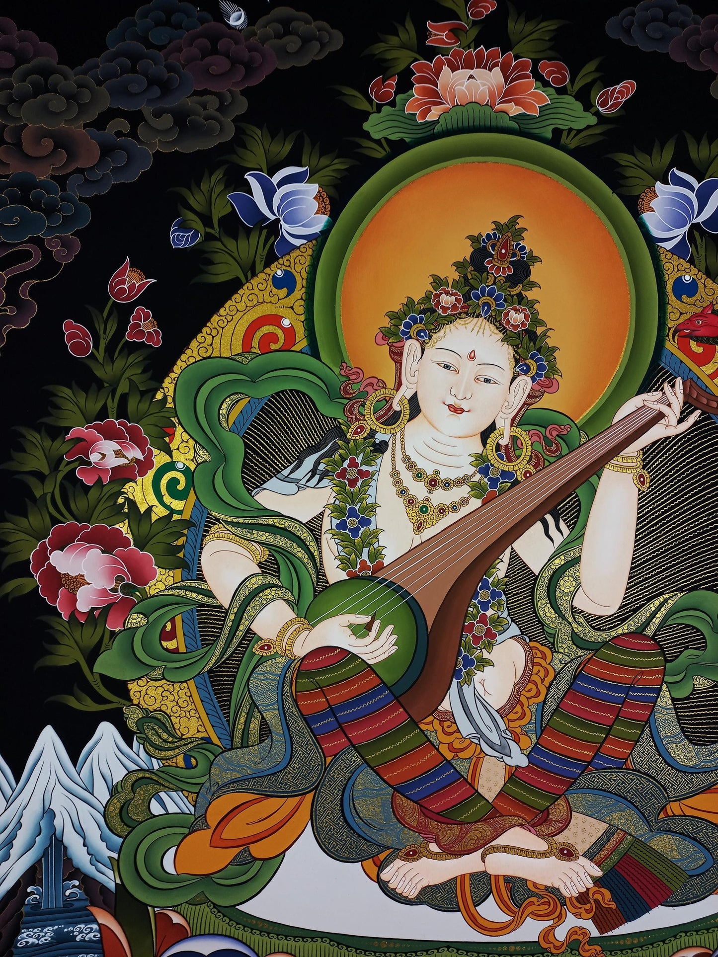 Hand-Painted Saraswati Thangka Painting, 24K Gold, Nepal