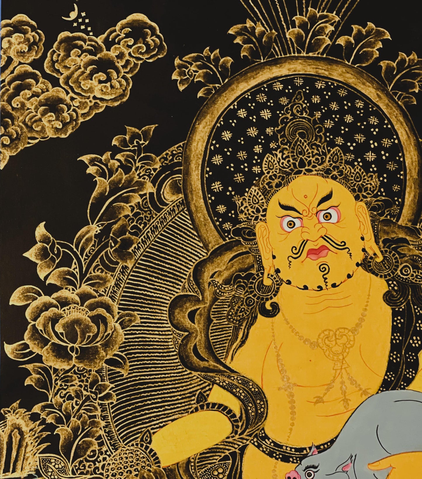 Yellow Dzambhala Thangka | Black & Gold Hand-Painted Kubera Wealth Deity with Silk Brocade