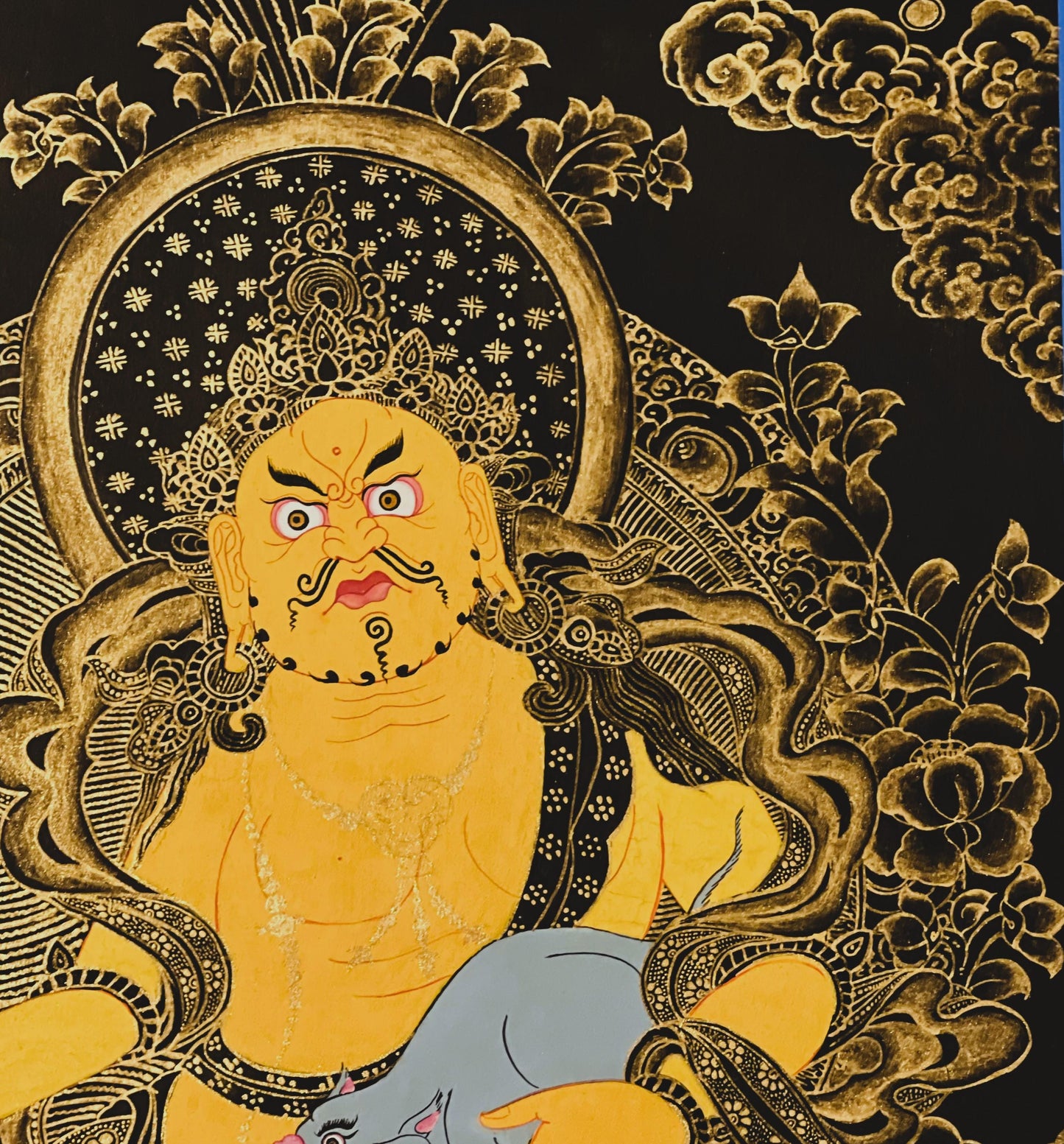 Yellow Dzambhala Thangka | Black & Gold Hand-Painted Kubera Wealth Deity with Silk Brocade