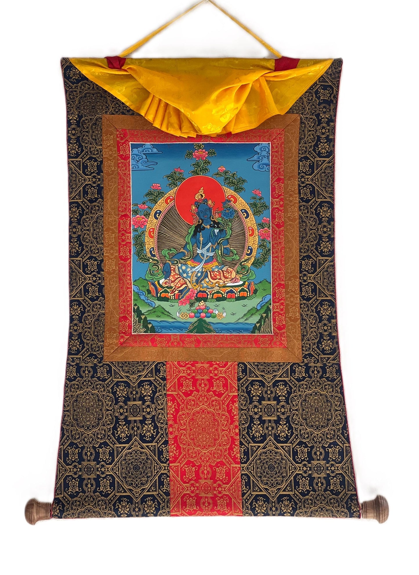 Hand-Painted Blue Tara Thangka Painting | Tibetan Buddhist Art with Silk Frame