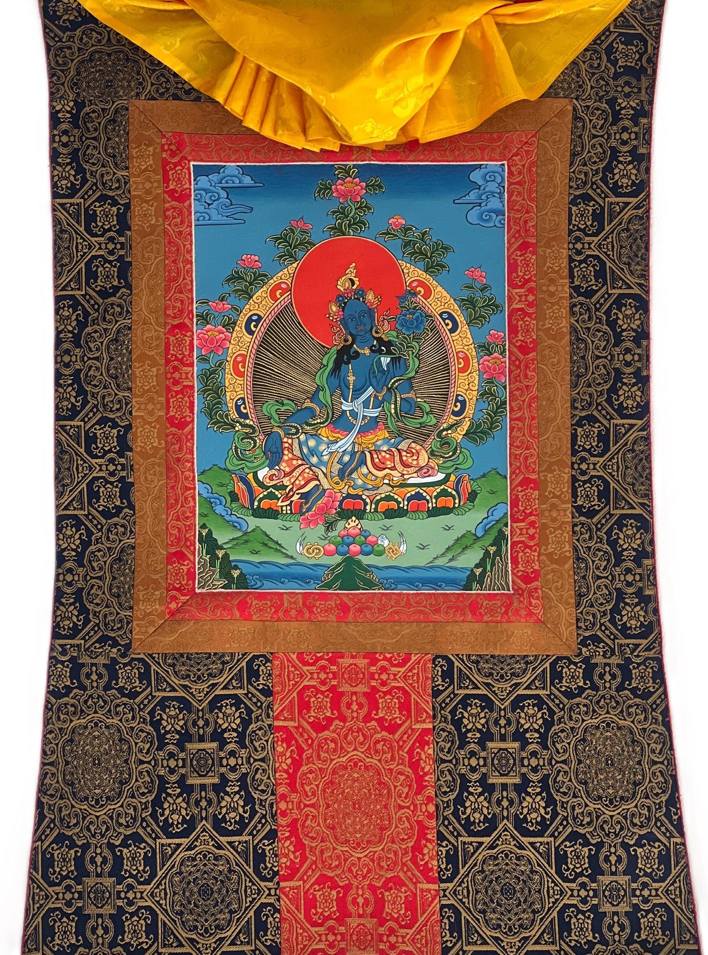 Hand-Painted Blue Tara Thangka Painting | Tibetan Buddhist Art with Silk Frame