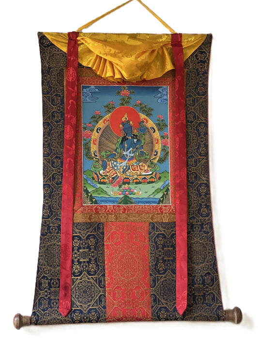 Hand-Painted Blue Tara Thangka Painting | Tibetan Buddhist Art with Silk Frame
