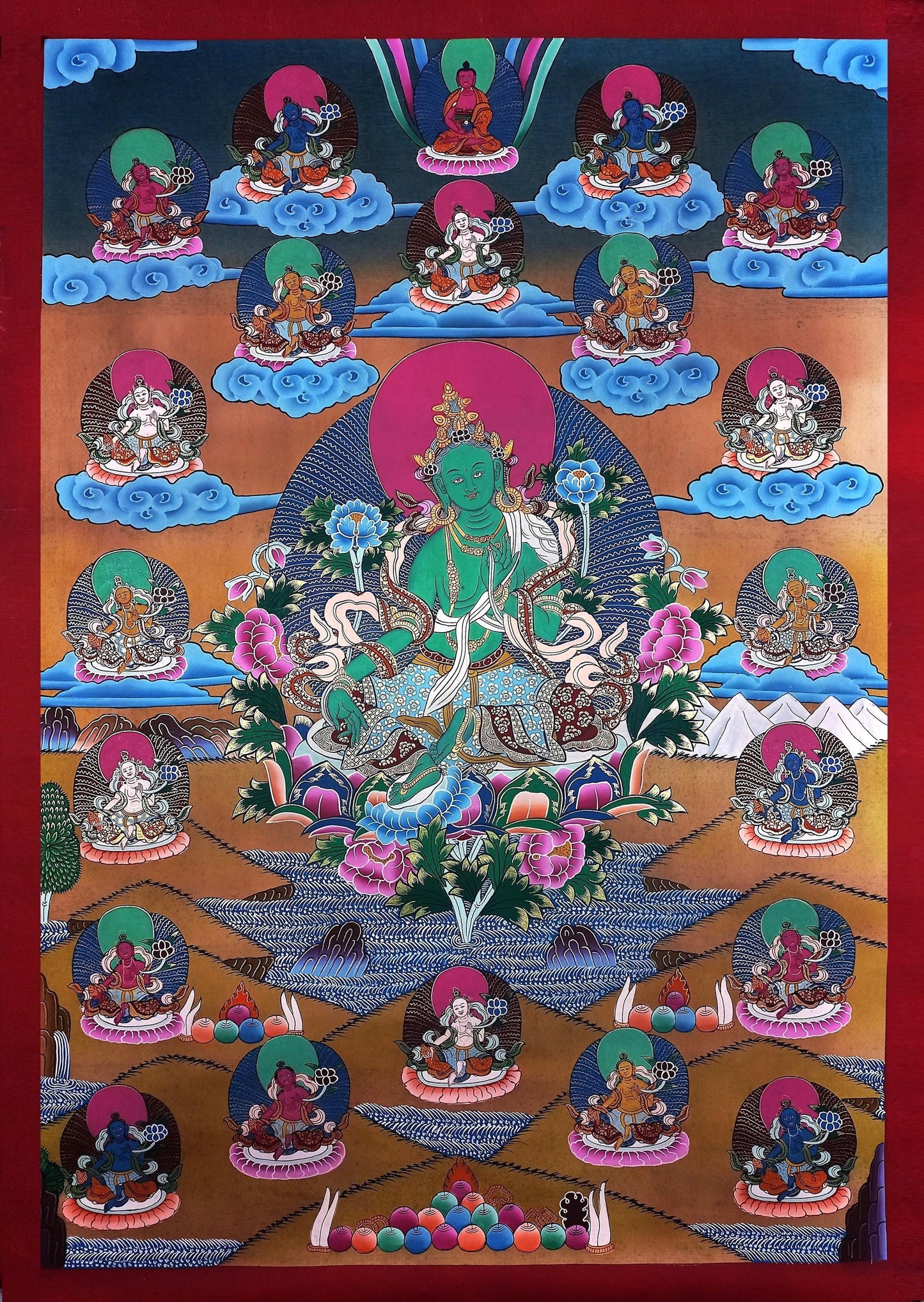 21 Green Tara Thangka Painting - Hand-Painted Tibetan Wall Hanging