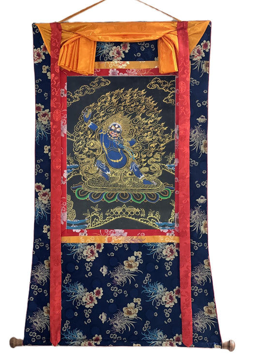 Vajrapani Thangka | Hand-Painted Tibetan Buddhist Art with Silk Brocade