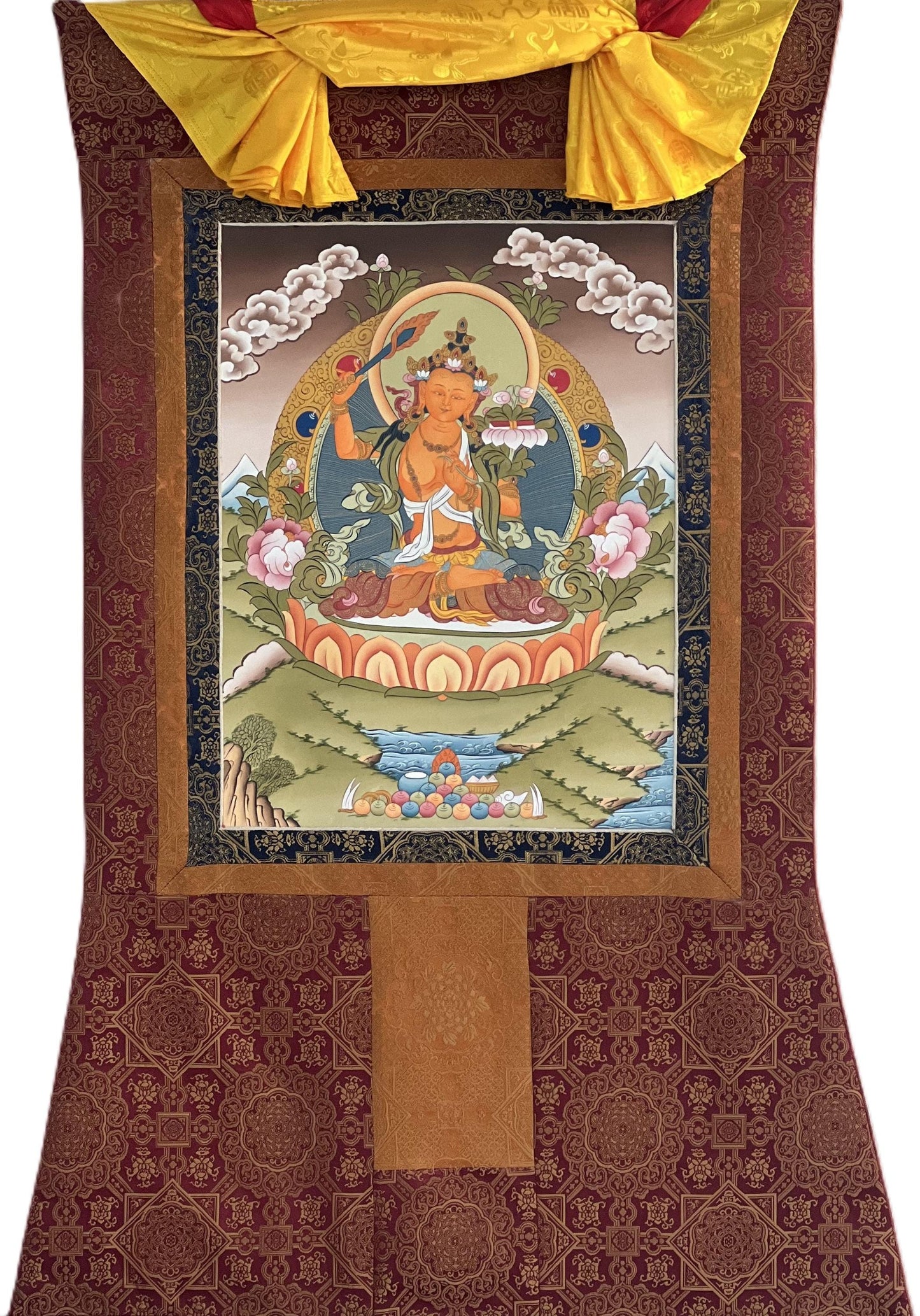 Hand-Painted Manjushri Thangka Painting with Silk Brocade