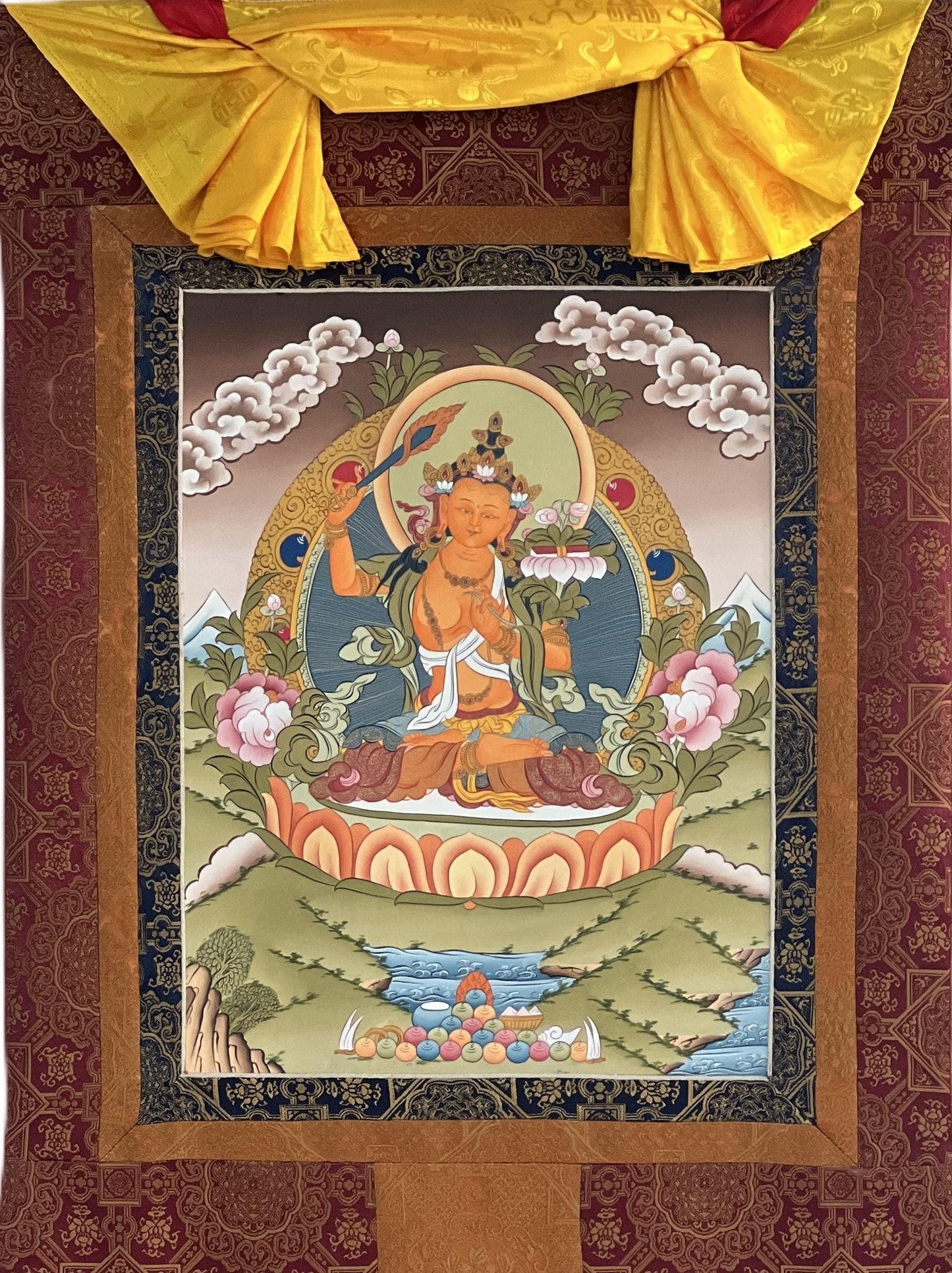 Hand-Painted Manjushri Thangka Painting with Silk Brocade