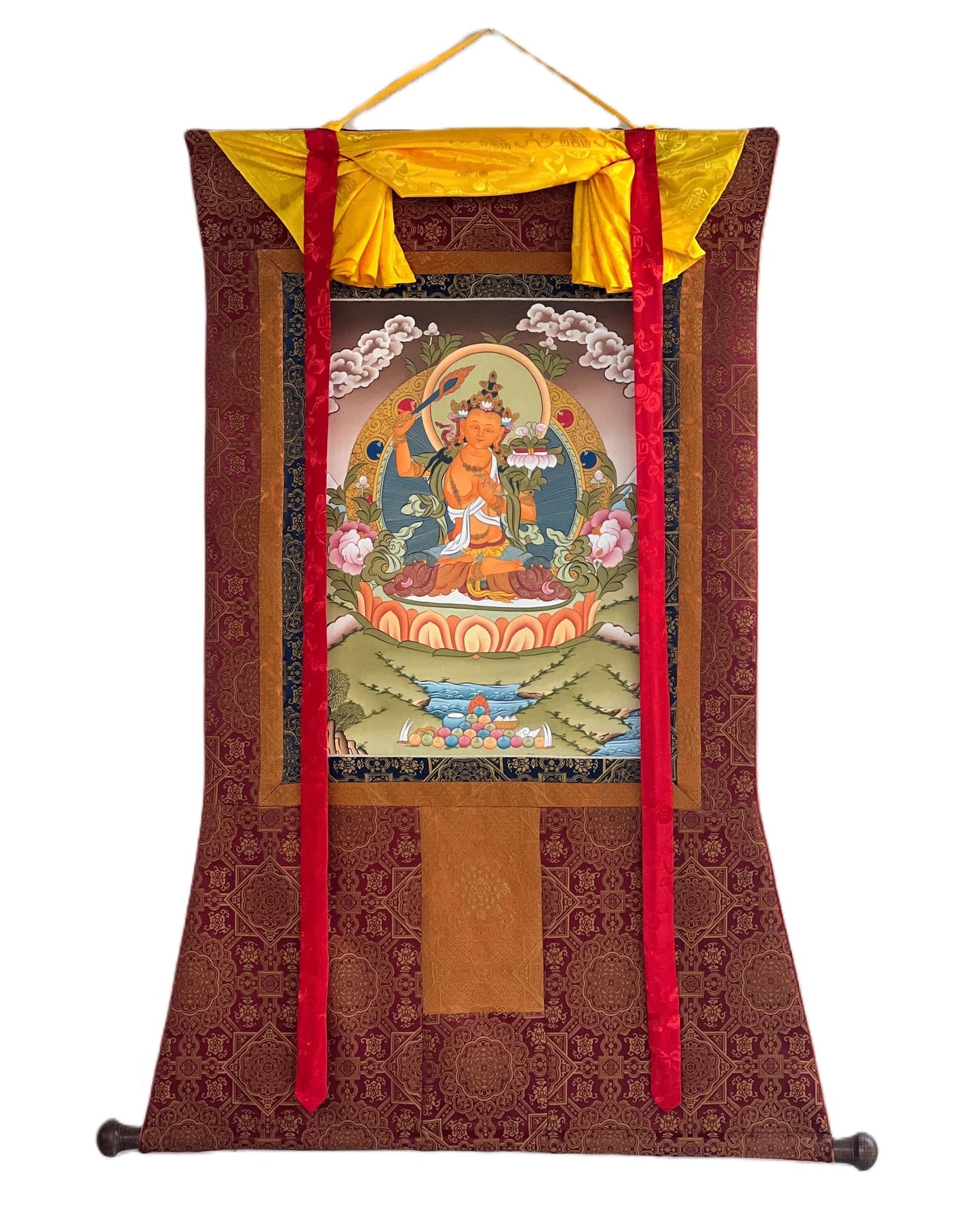 Hand-Painted Manjushri Thangka Painting with Silk Brocade