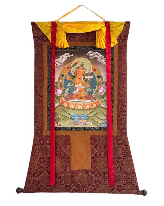 Hand-Painted Manjushri Thangka Painting with Silk Brocade