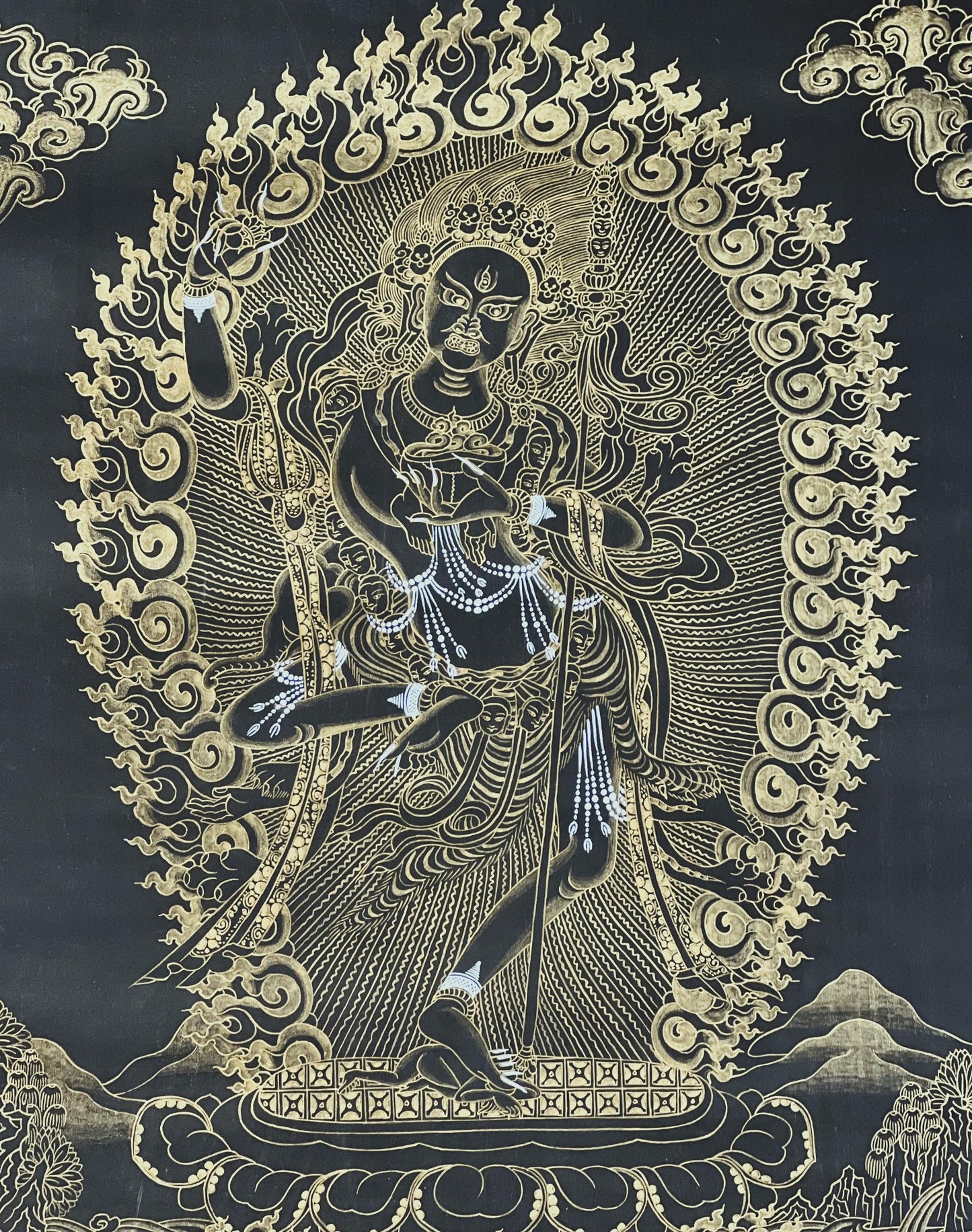 Hand Painted Vajravarahi Thangka: Black and Gold Tibetan Buddhist Art with Silk