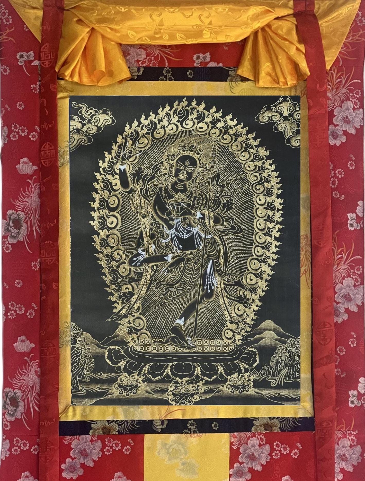Hand Painted Vajravarahi Thangka: Black and Gold Tibetan Buddhist Art with Silk
