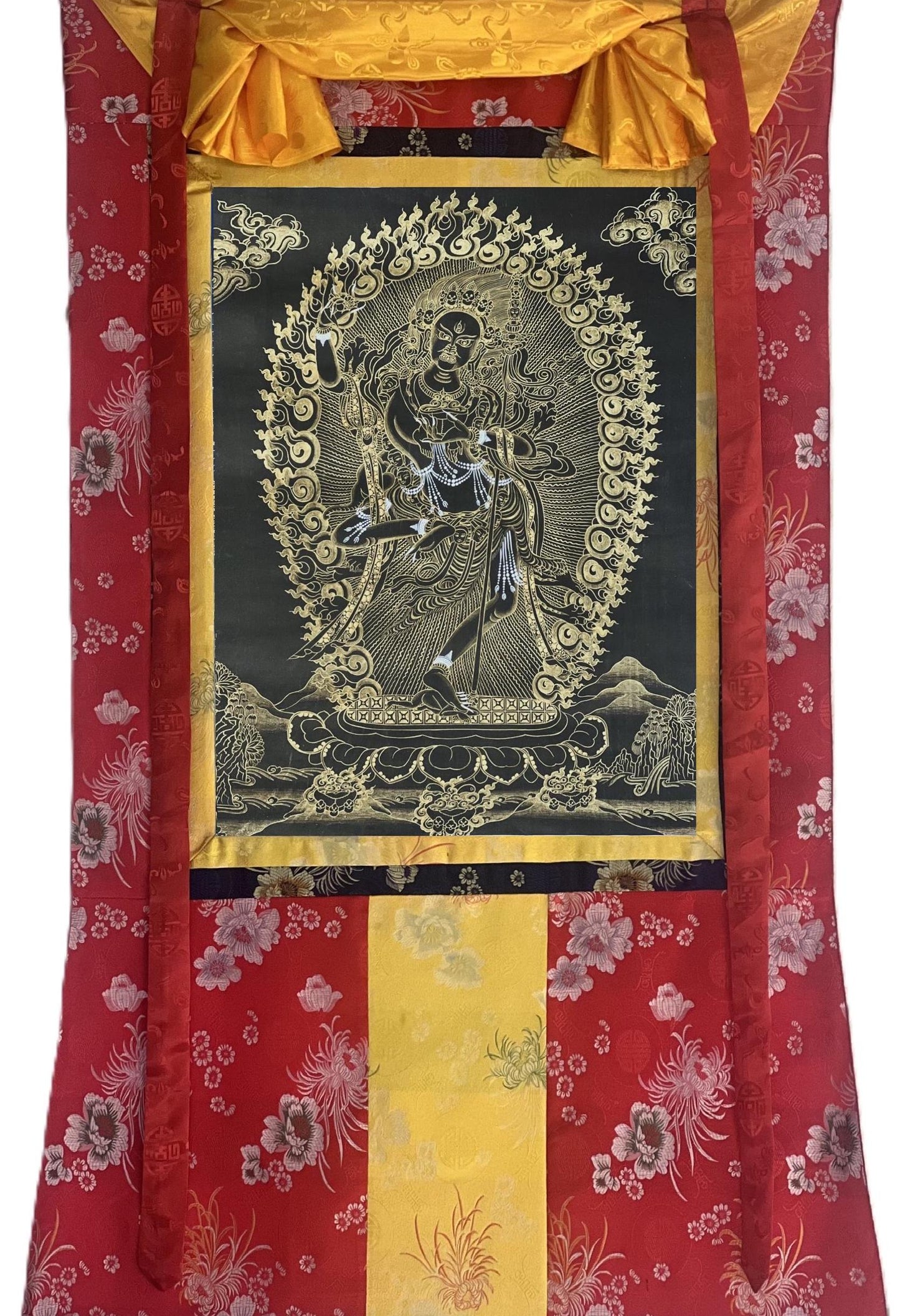 Hand Painted Vajravarahi Thangka: Black and Gold Tibetan Buddhist Art with Silk