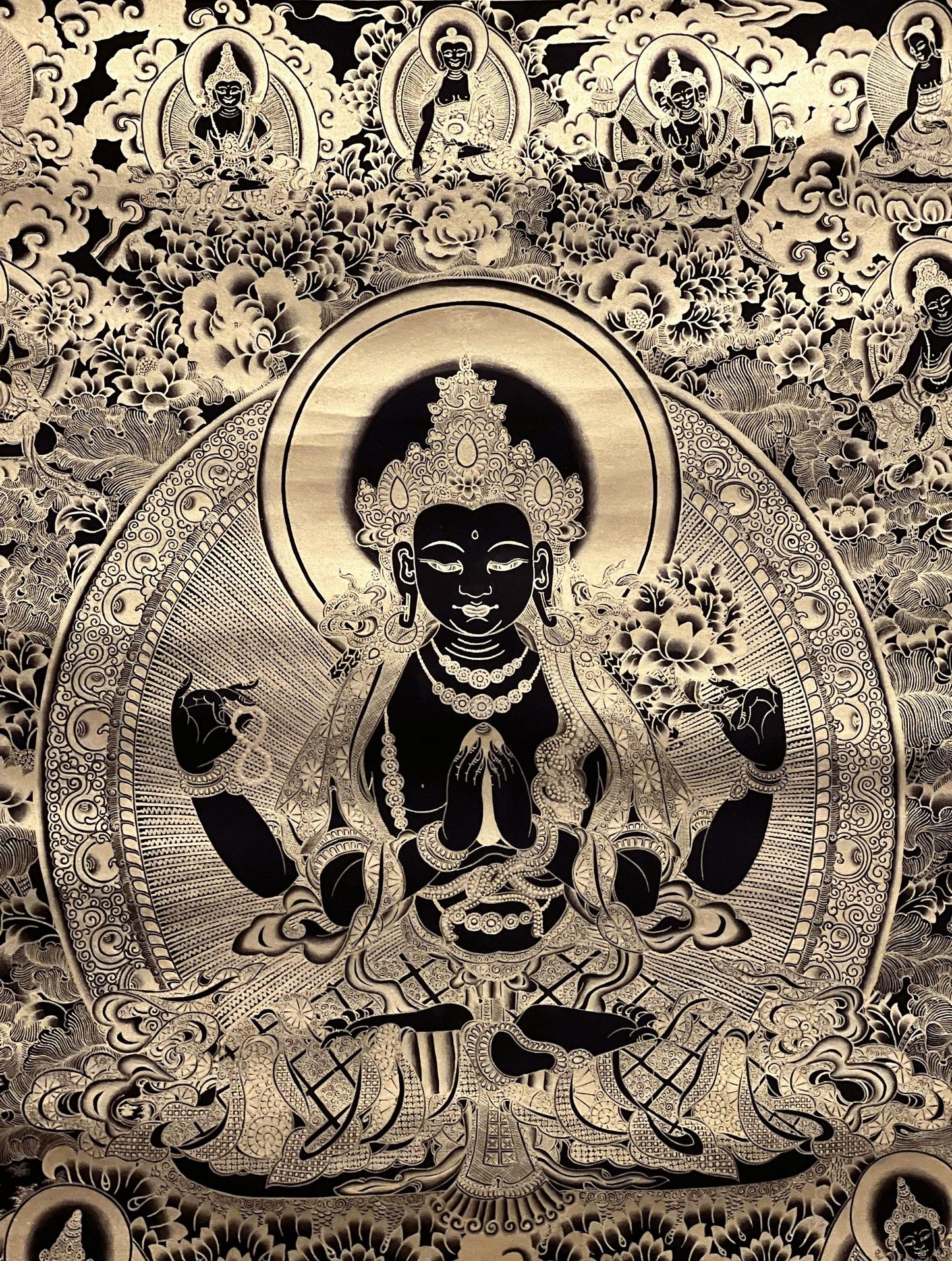 Avalokiteshvara Chenrezig Black and Gold Tibetan Thangka – Compassion Buddha Meditation Art