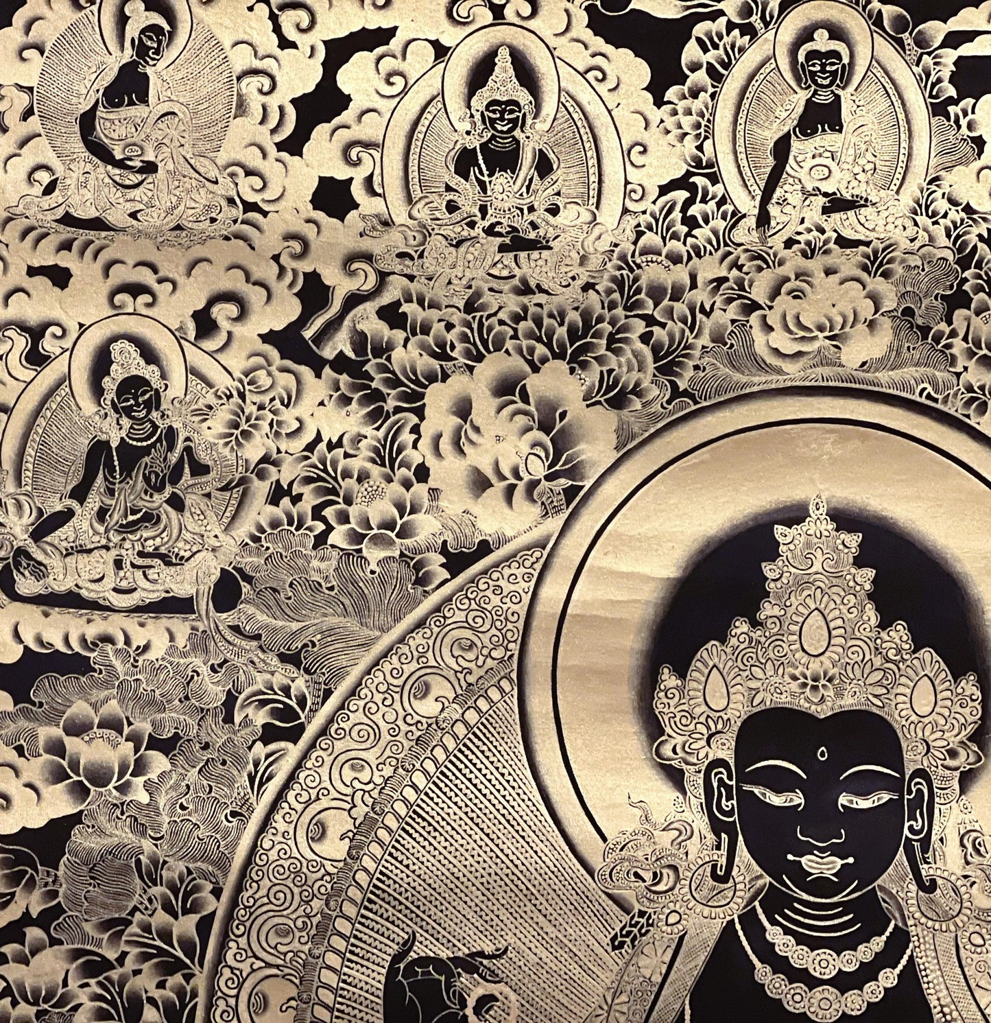 Avalokiteshvara Chenrezig Black and Gold Tibetan Thangka – Compassion Buddha Meditation Art