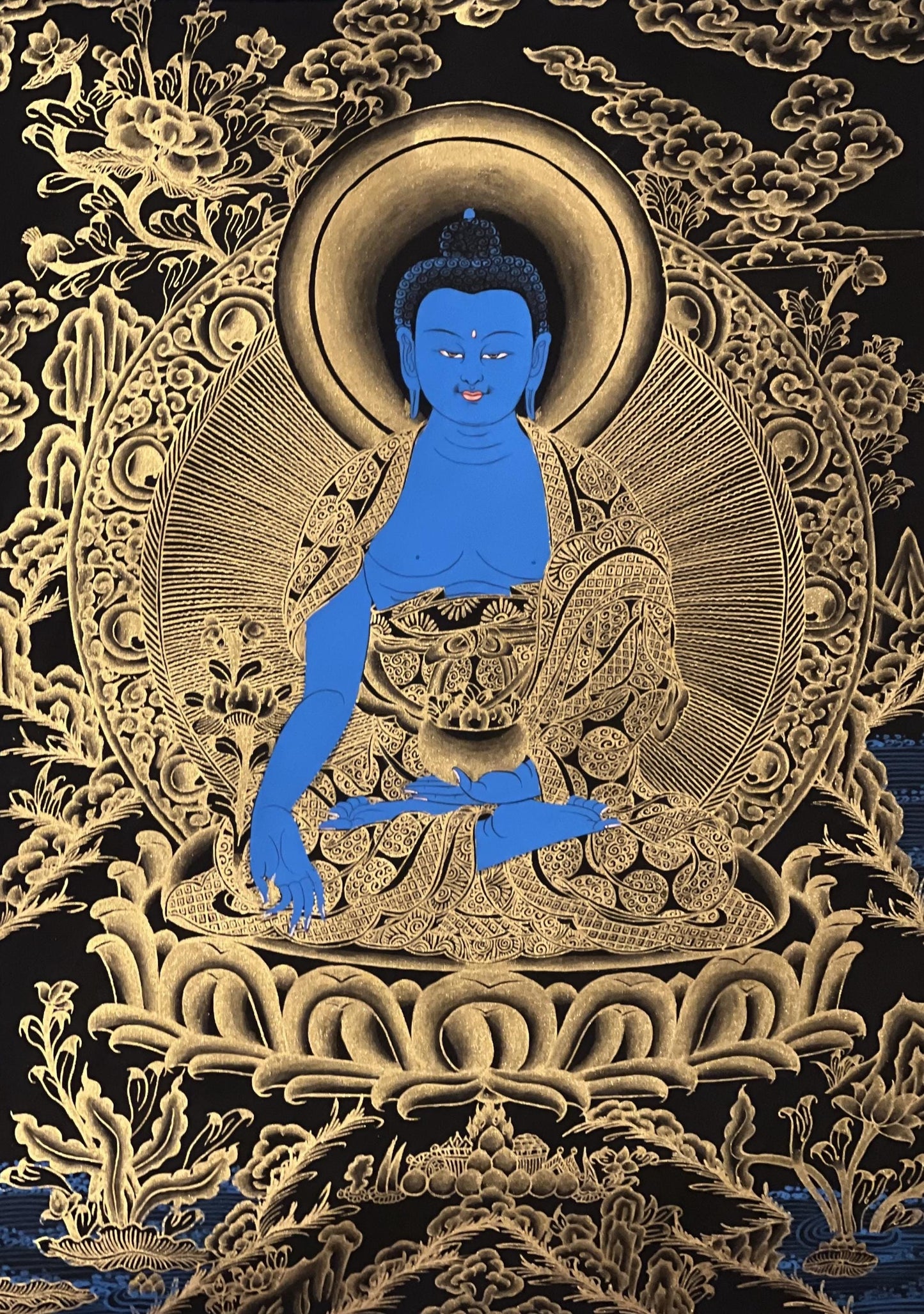 Hand-Painted Tibetan Medicine Buddha Thangka - Bhaisajyaguru Art - Silk Brocaded Painting