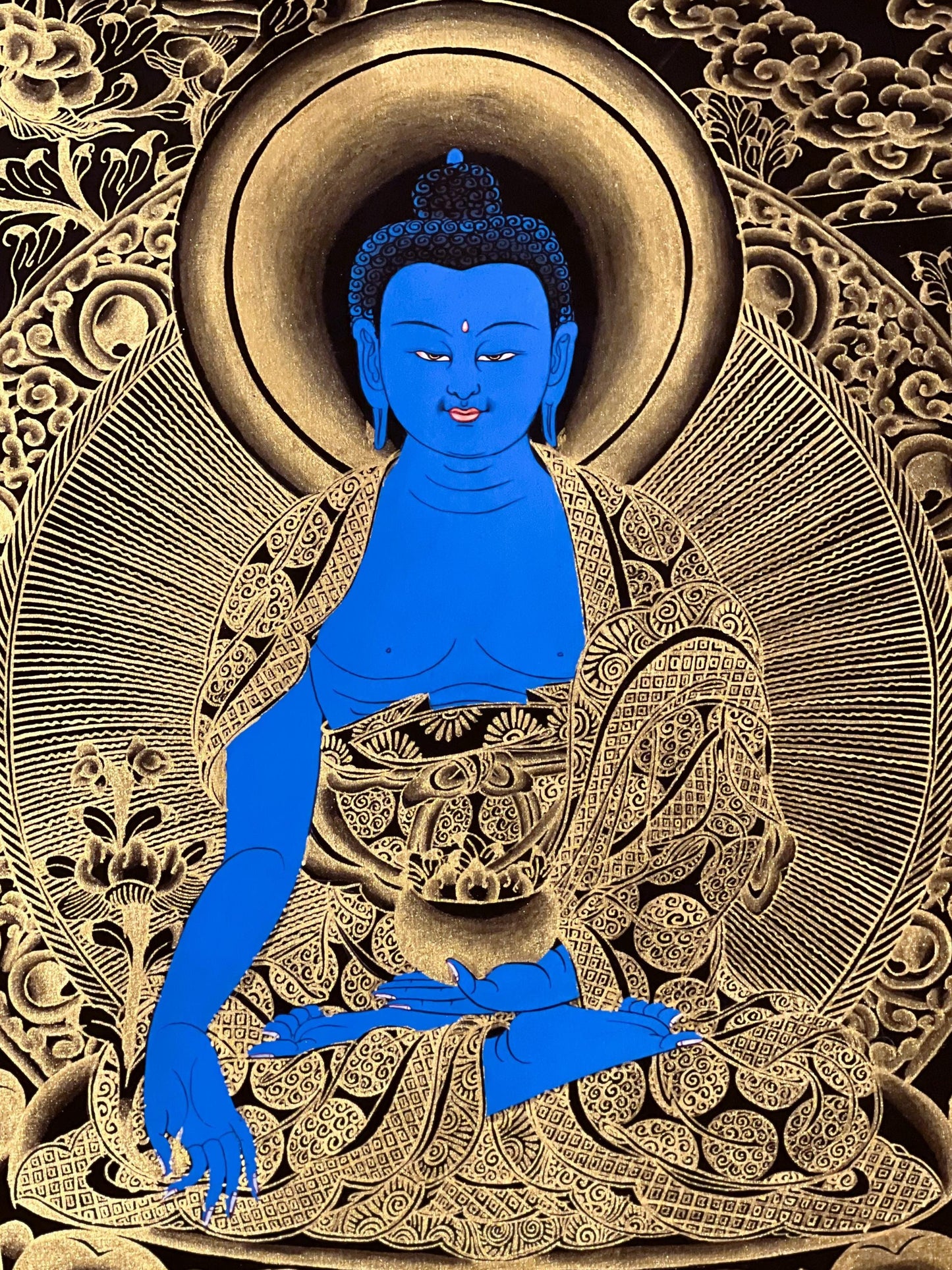 Hand-Painted Tibetan Medicine Buddha Thangka - Bhaisajyaguru Art - Silk Brocaded Painting