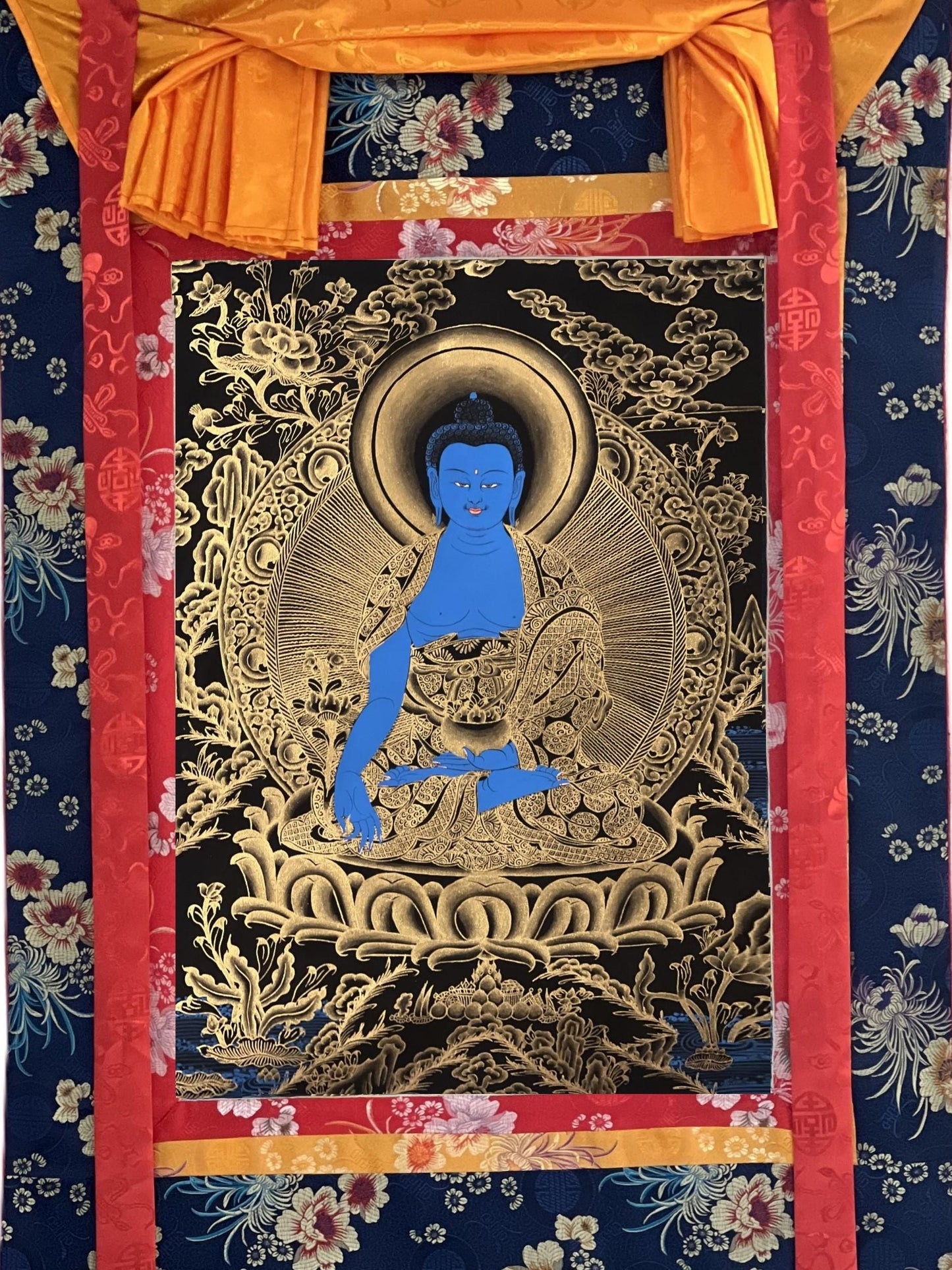 Hand-Painted Tibetan Medicine Buddha Thangka - Bhaisajyaguru Art - Silk Brocaded Painting