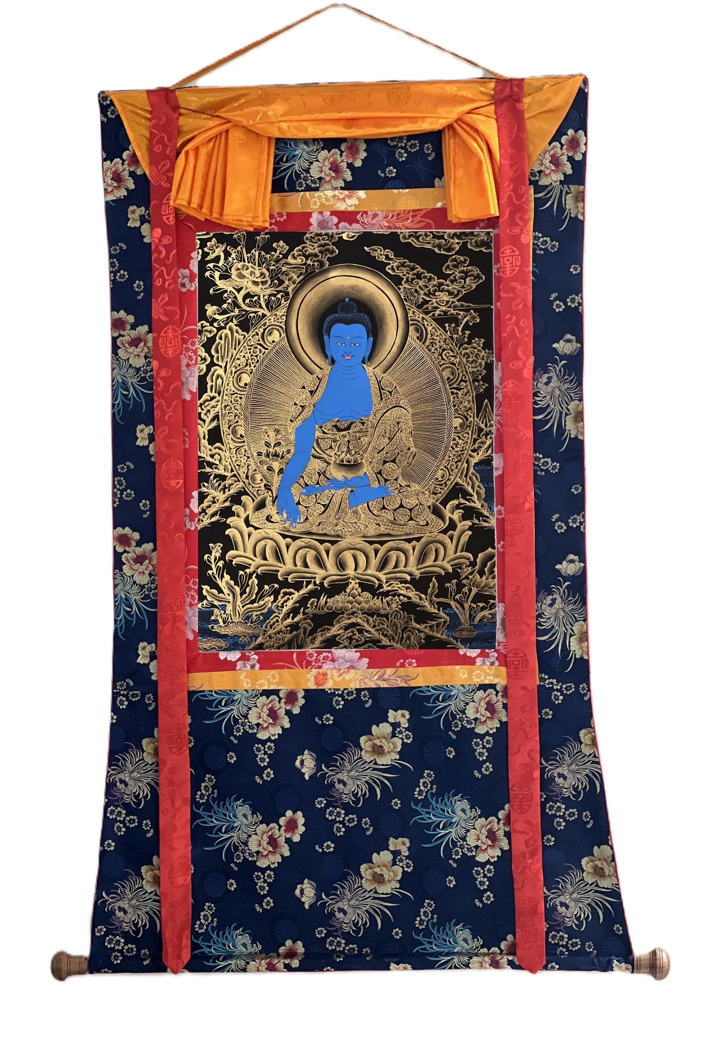 Hand-Painted Tibetan Medicine Buddha Thangka - Bhaisajyaguru Art - Silk Brocaded Painting