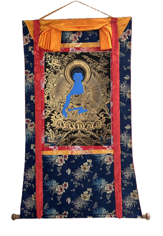 Hand-Painted Tibetan Medicine Buddha Thangka - Bhaisajyaguru Art - Silk Brocaded Painting