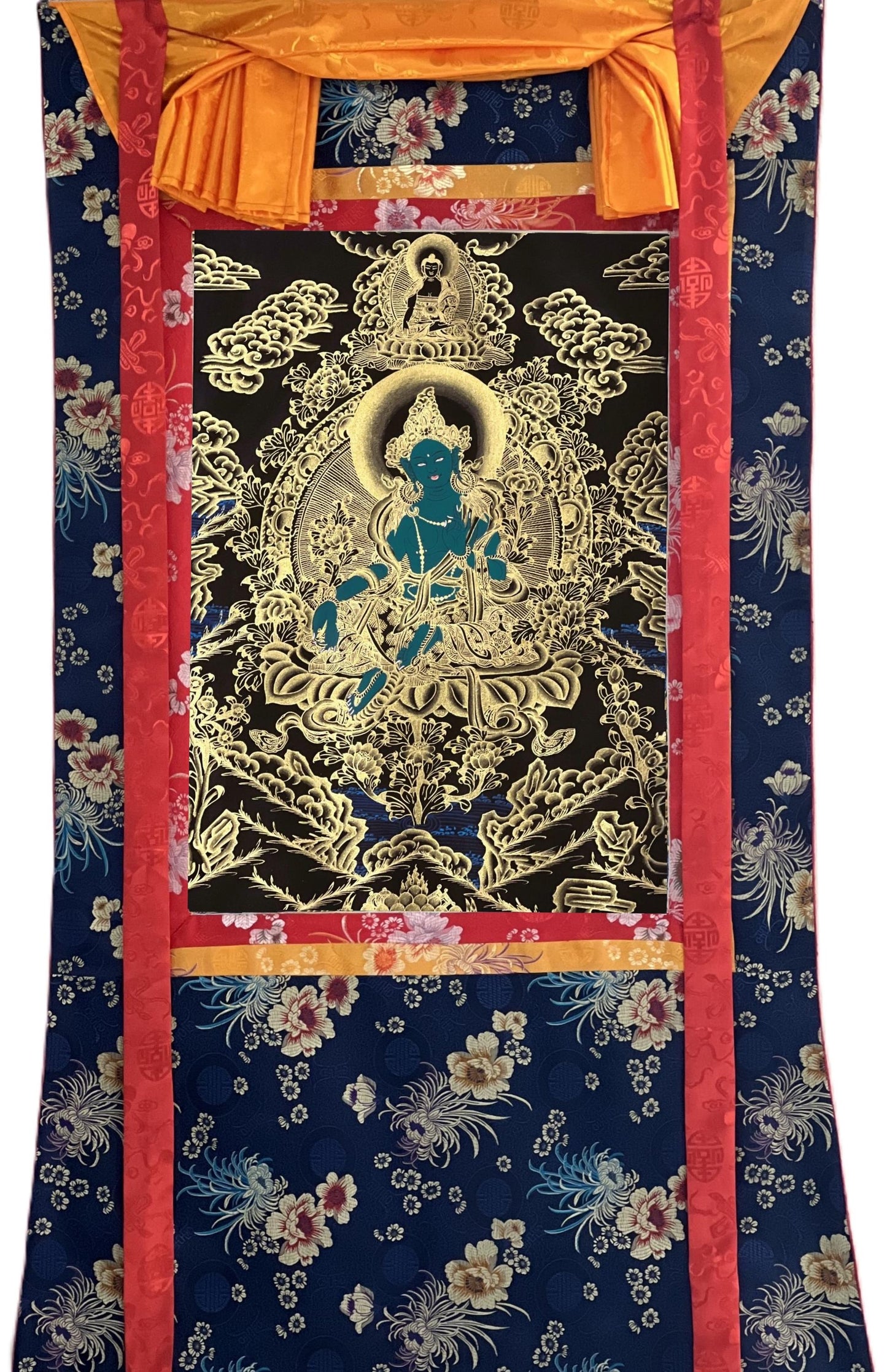 Hand-Painted Green Tara Thangka with Silk Brocade - Tibetan Buddhist Art
