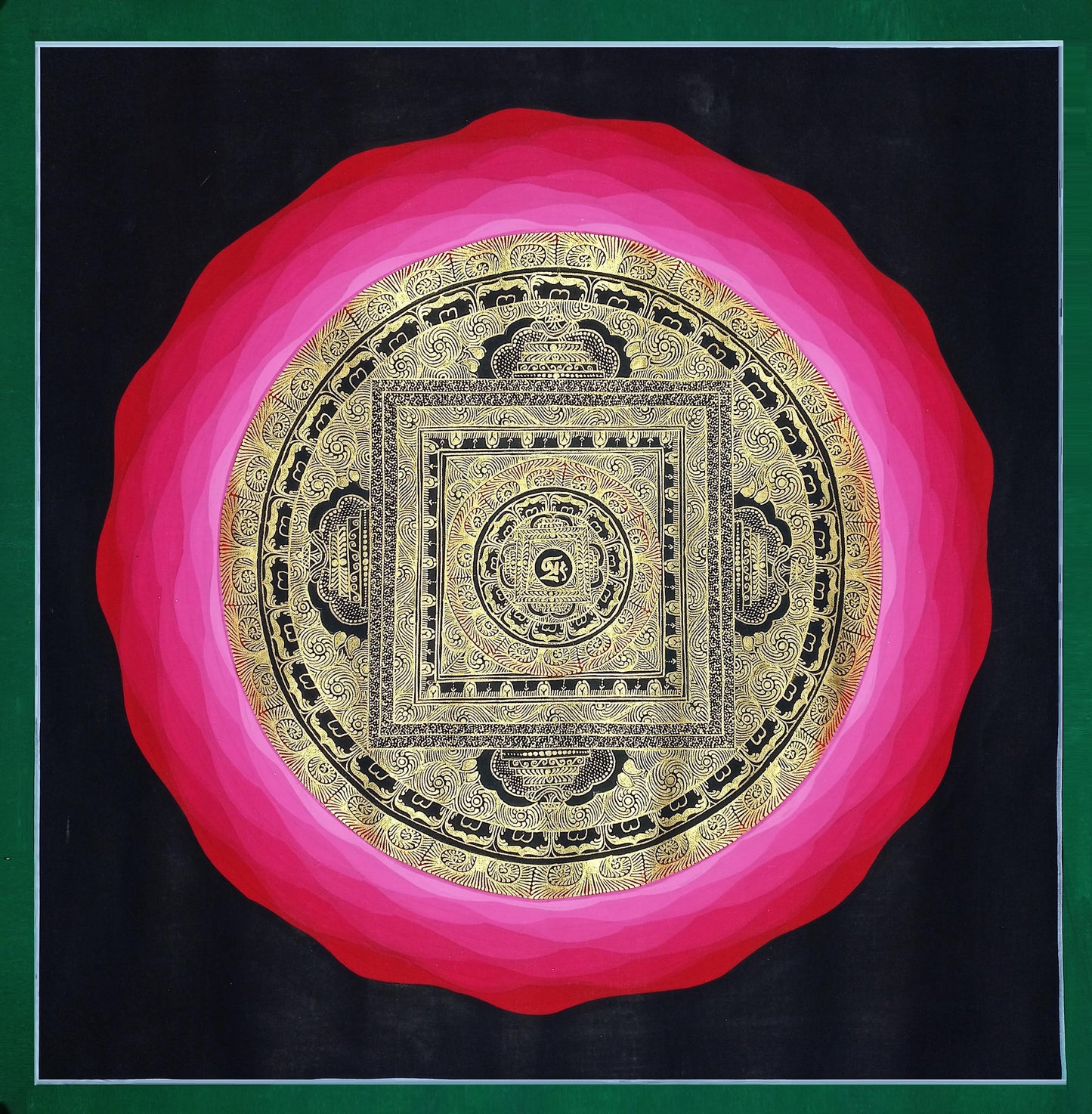 Hand-Painted Om Mandala Tibetan Thangka  | Sacred Meditation & Spiritual Wall Art with Silk Brocade