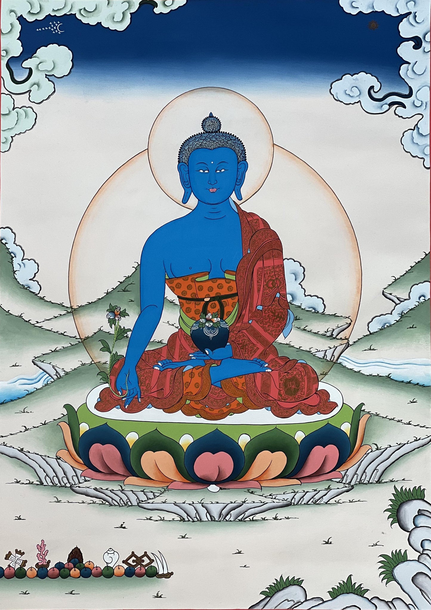 Hand-Painted Medicine Buddha Thangka Painting, Tibetan Healing Art