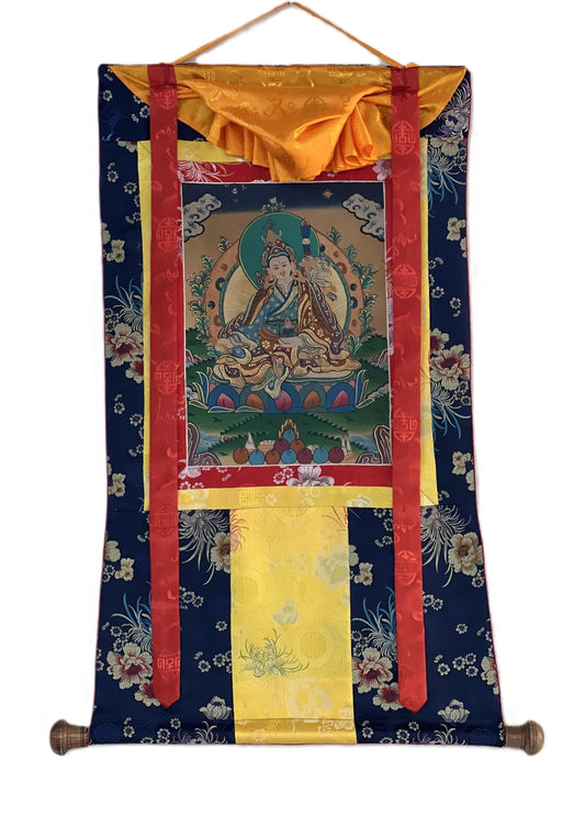 Original Hand-painted Guru Rinpoche/ PADMASAMBHAVA  Old Smoky Tibetan Thangka Painting Bordered with Silkk Brocade