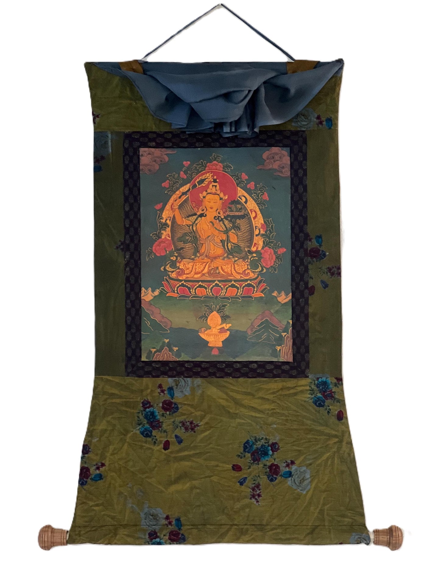 Hand-Painted Manjushri Bodhisattva Thangka, Cotton Brocade, Tibetan Art