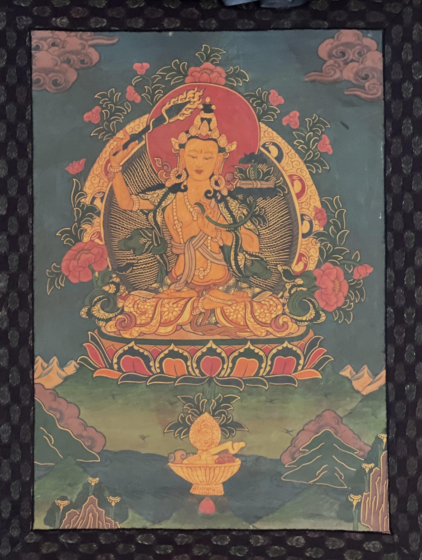 Hand-Painted Manjushri Bodhisattva Thangka, Cotton Brocade, Tibetan Art