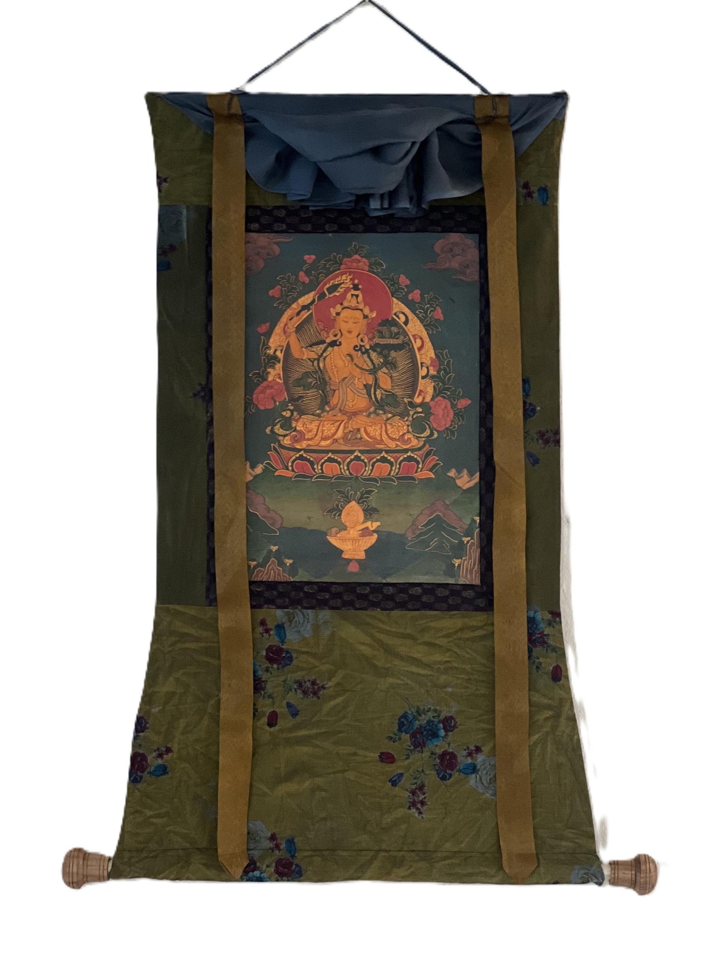 Hand-Painted Manjushri Bodhisattva Thangka, Cotton Brocade, Tibetan Art